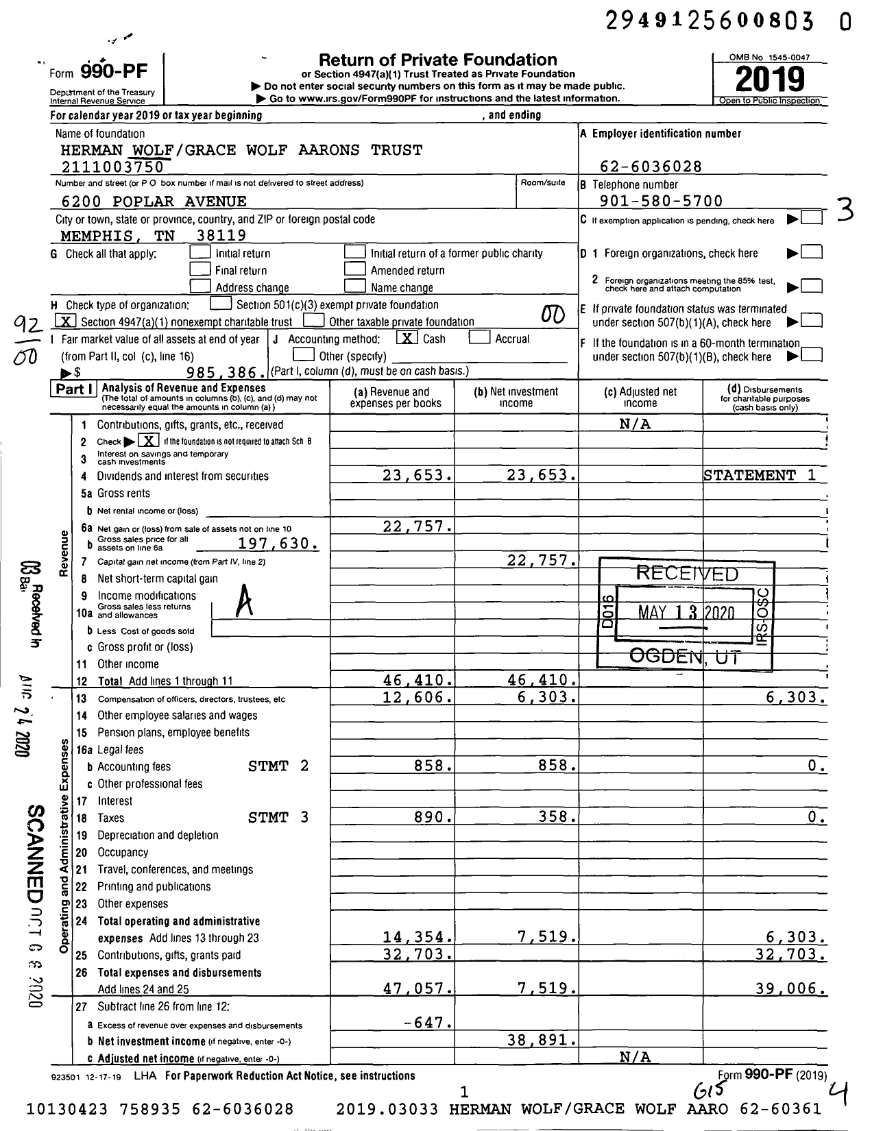 Image of first page of 2019 Form 990PR for Herman Wolfgrace Wolf Aarons Trust 2111003750