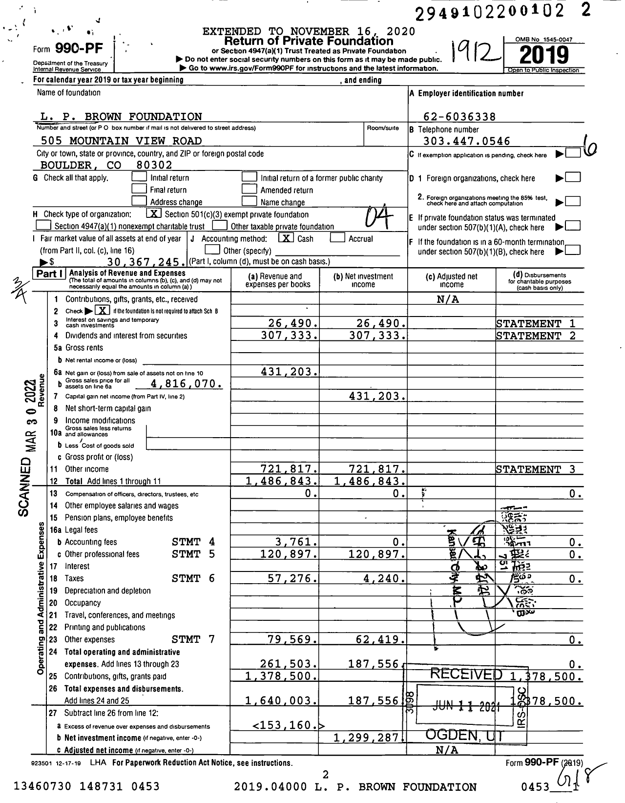 Image of first page of 2019 Form 990PF for LP Brown Foundation