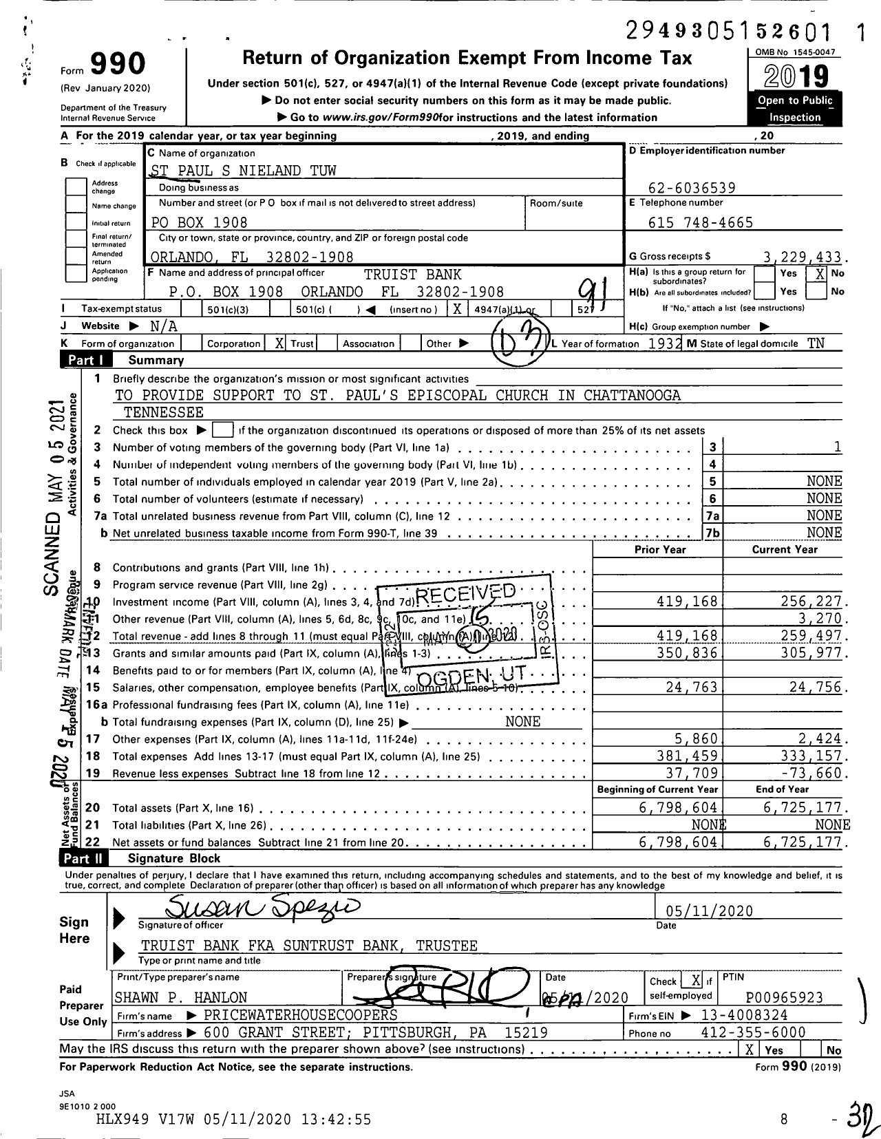 Image of first page of 2019 Form 990 for St Paul S Nieland Tuw