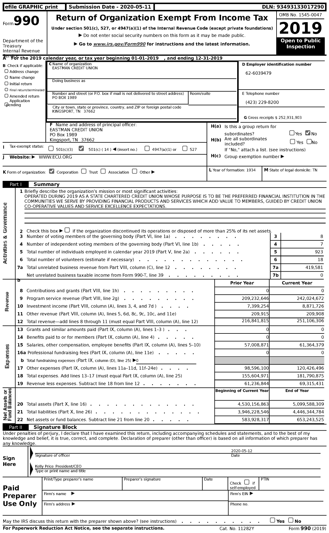 Image of first page of 2019 Form 990 for Eastman Credit Union (ECU)