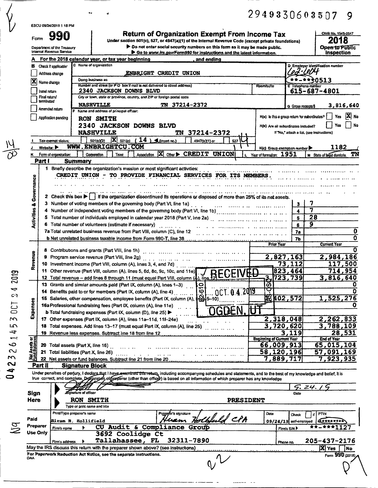 Image of first page of 2018 Form 990O for Enbright Credit Union