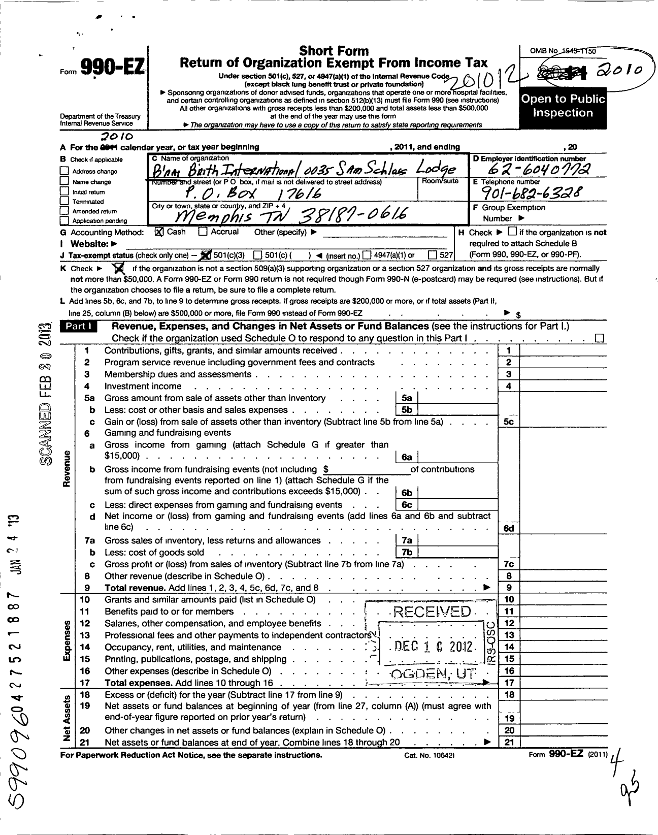 Image of first page of 2010 Form 990EZ for Bnai Brith International - 0035 Sam Schloss Lodge