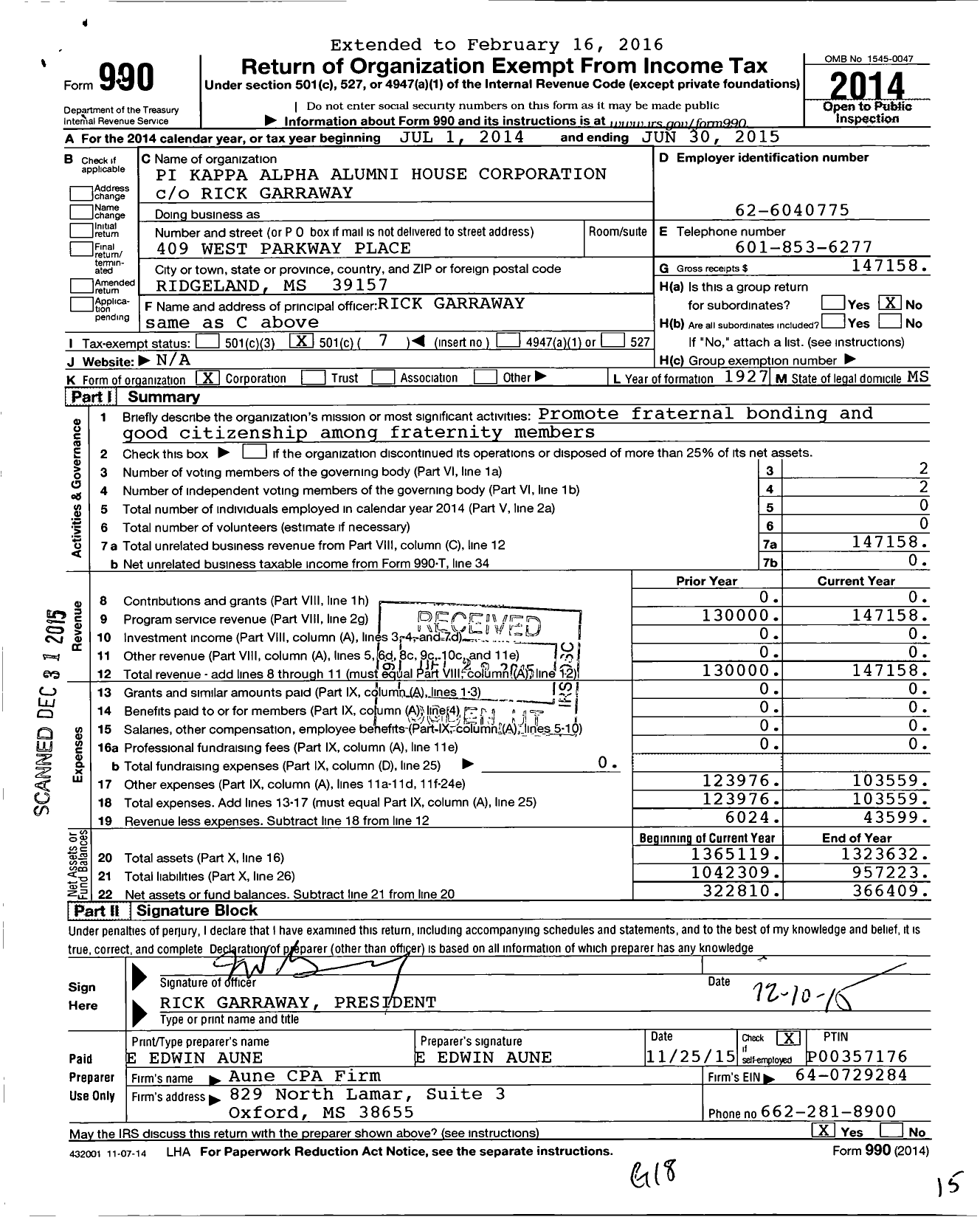 Image of first page of 2014 Form 990O for Pi Kappa Alpha Fraternity Gamma Iota Alumni House Corporation