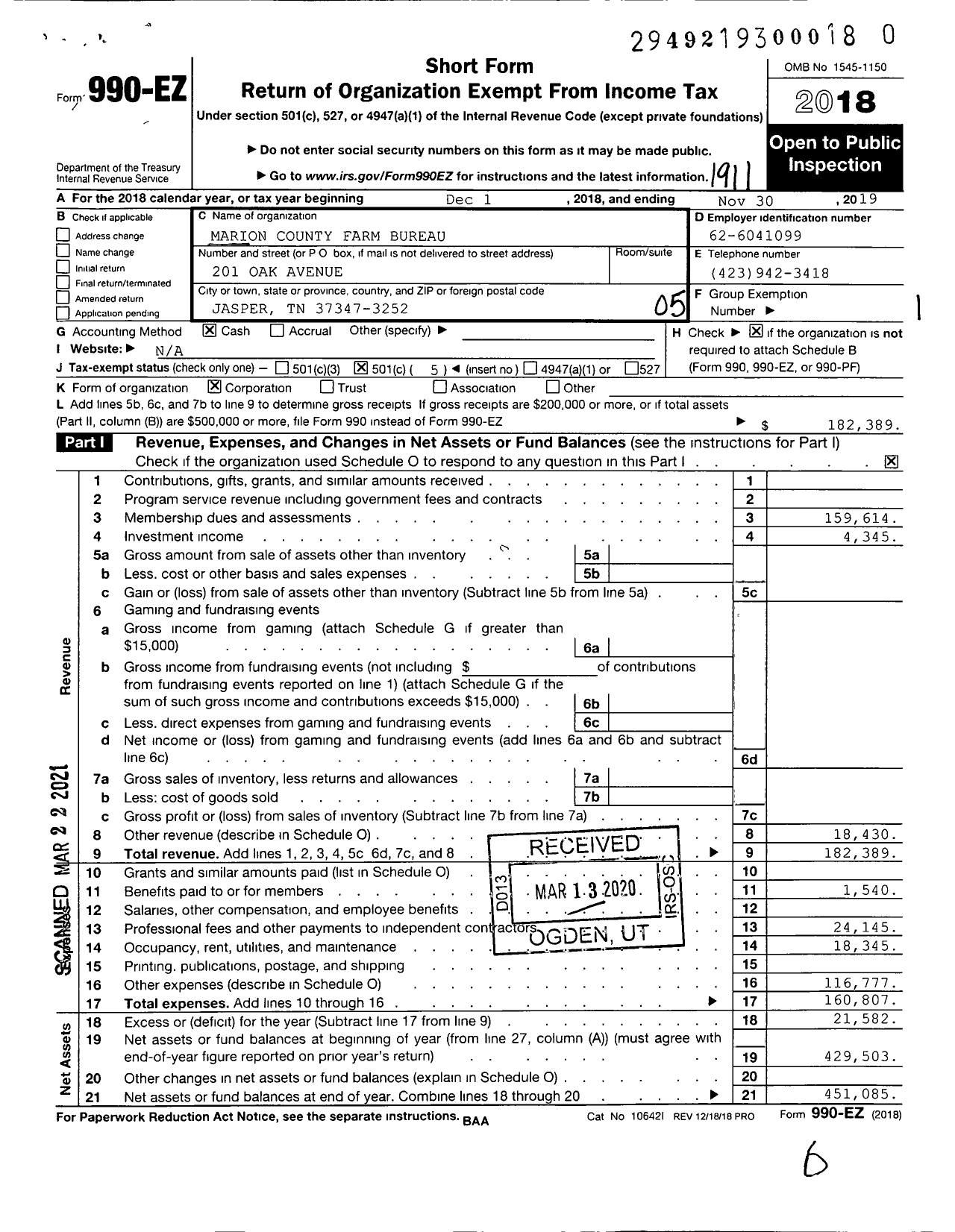 Image of first page of 2018 Form 990EO for Marion County Farm Bureau