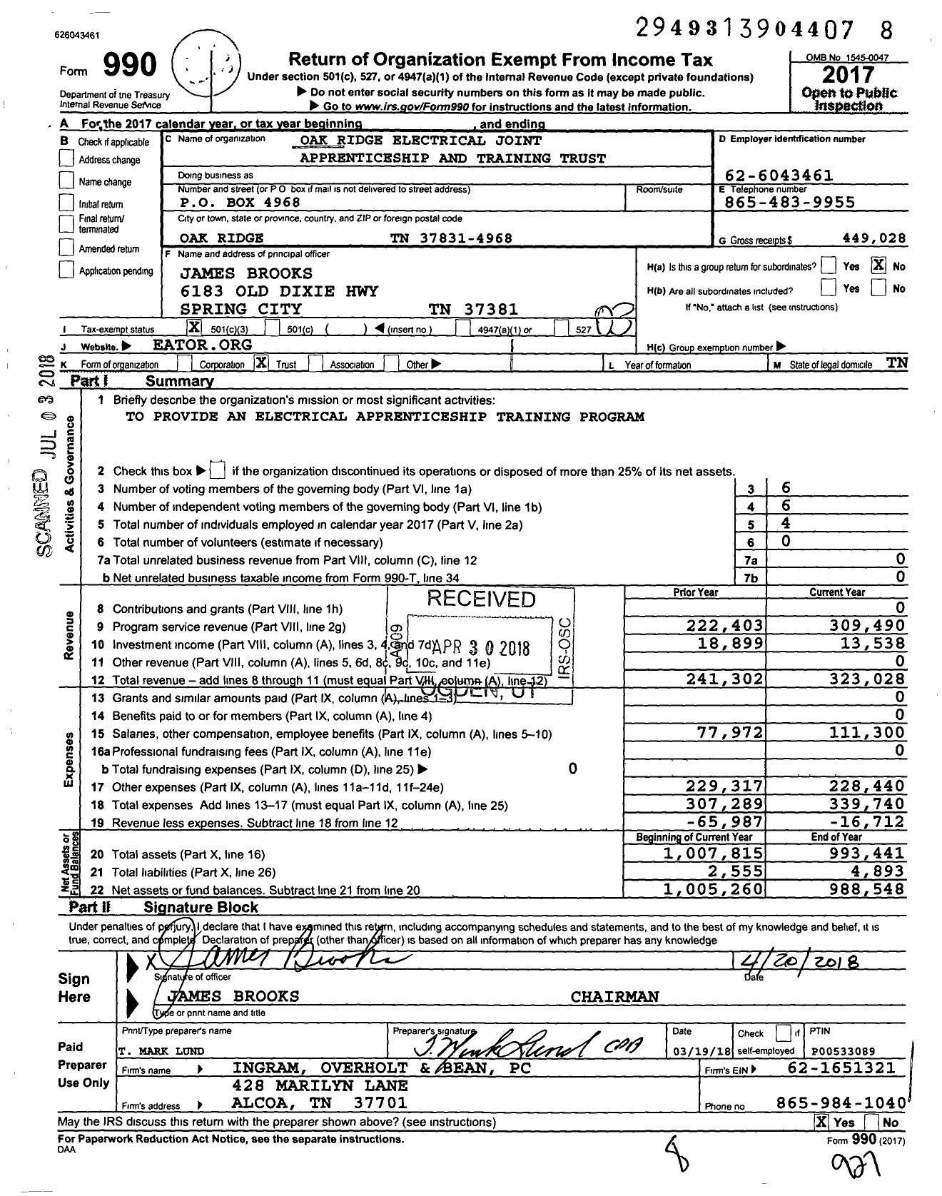 Image of first page of 2017 Form 990 for Oak Ridge Electrical Joint Apprenticeship and Training Trust