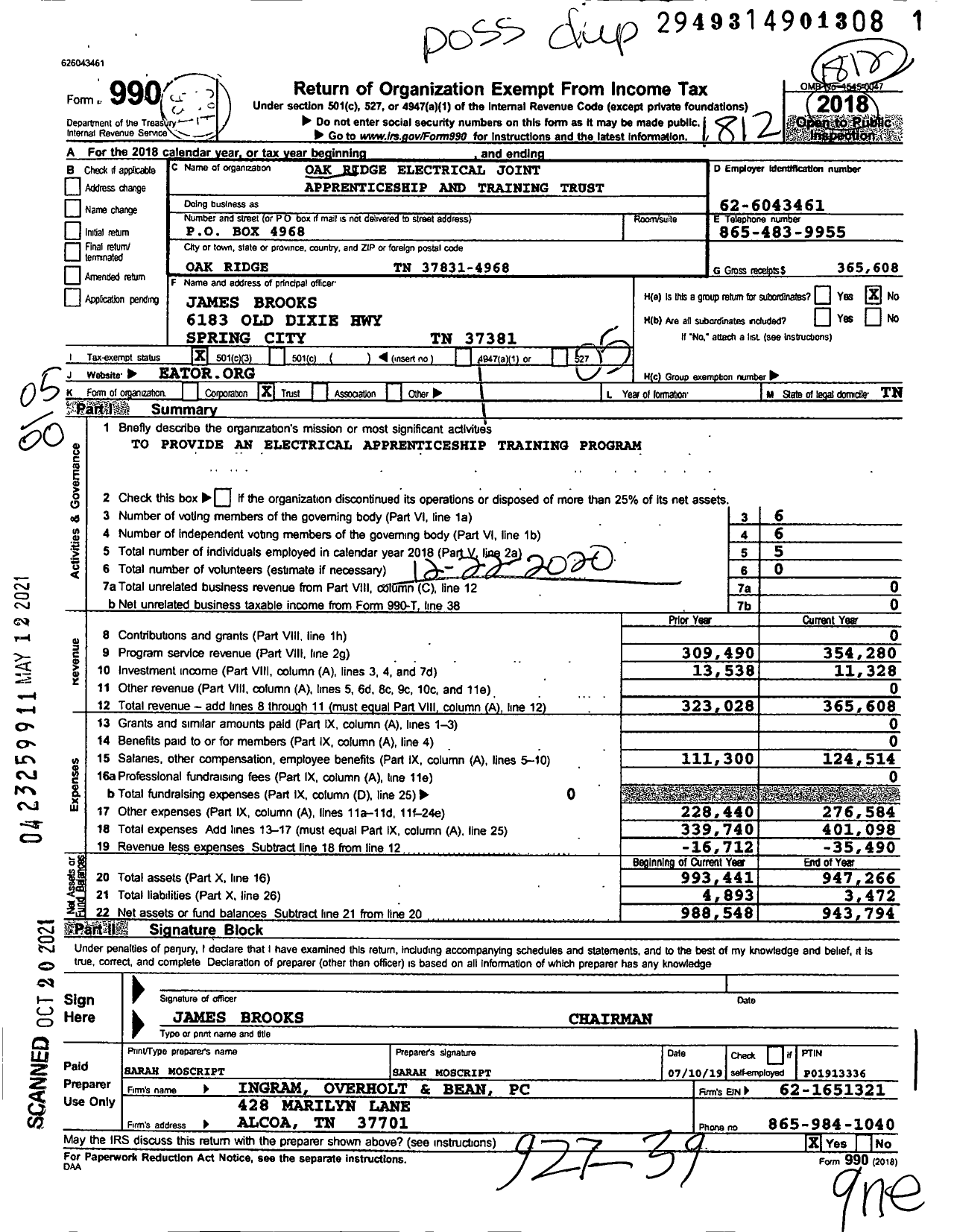 Image of first page of 2018 Form 990O for Oak Ridge Electrical Joint Apprenticeship and Training Trust