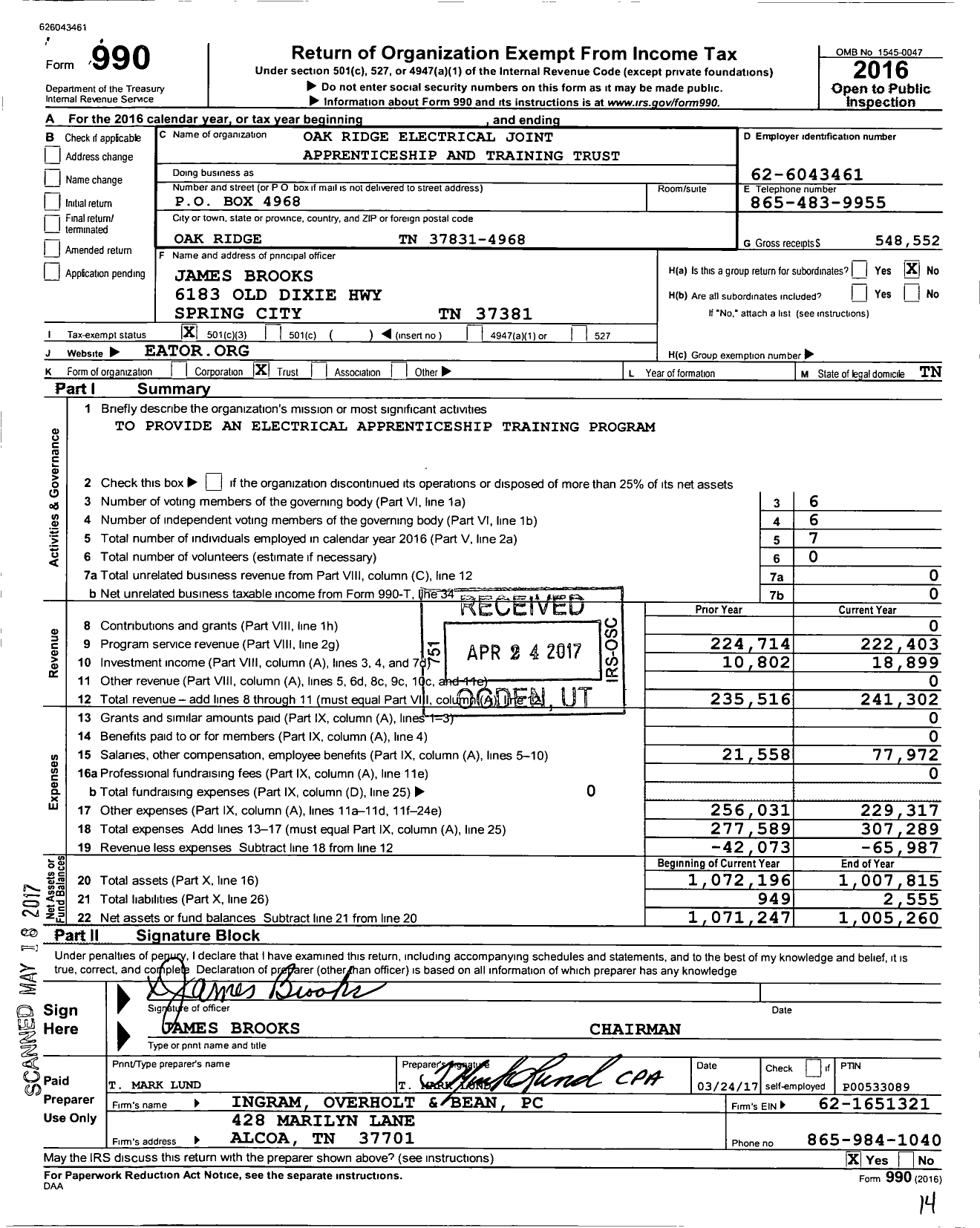 Image of first page of 2016 Form 990 for Oak Ridge Electrical Joint Apprenticeship and Training Trust