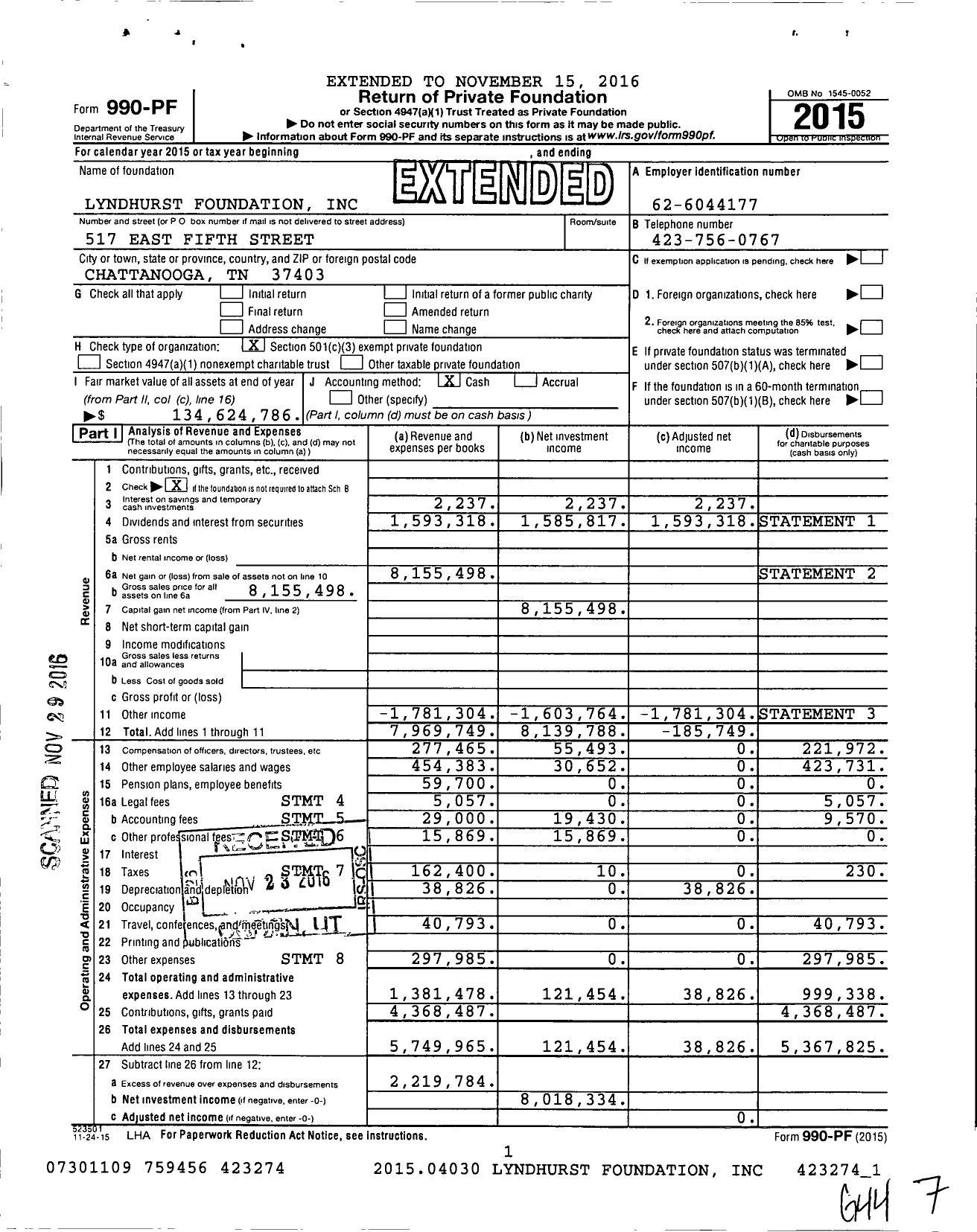 Image of first page of 2015 Form 990PF for Lyndhurst Foundation