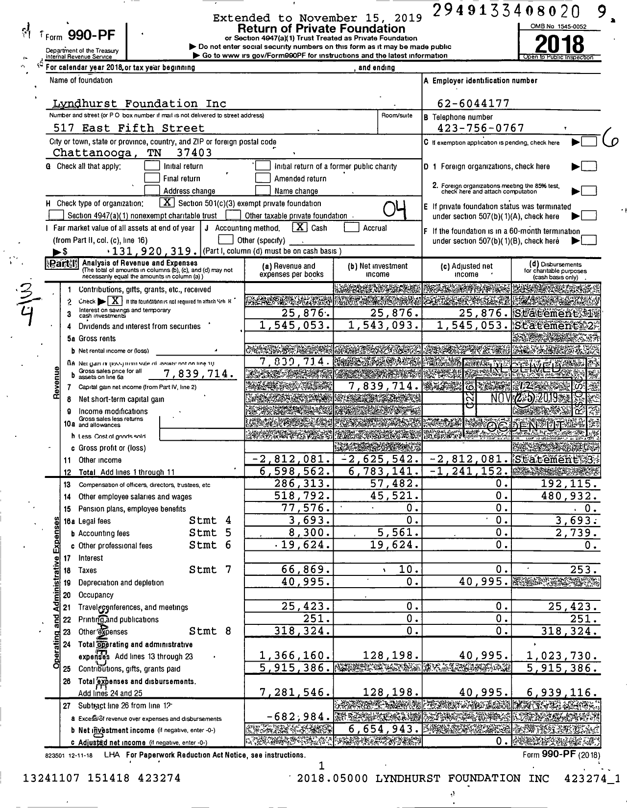 Image of first page of 2018 Form 990PF for Lyndhurst Foundation