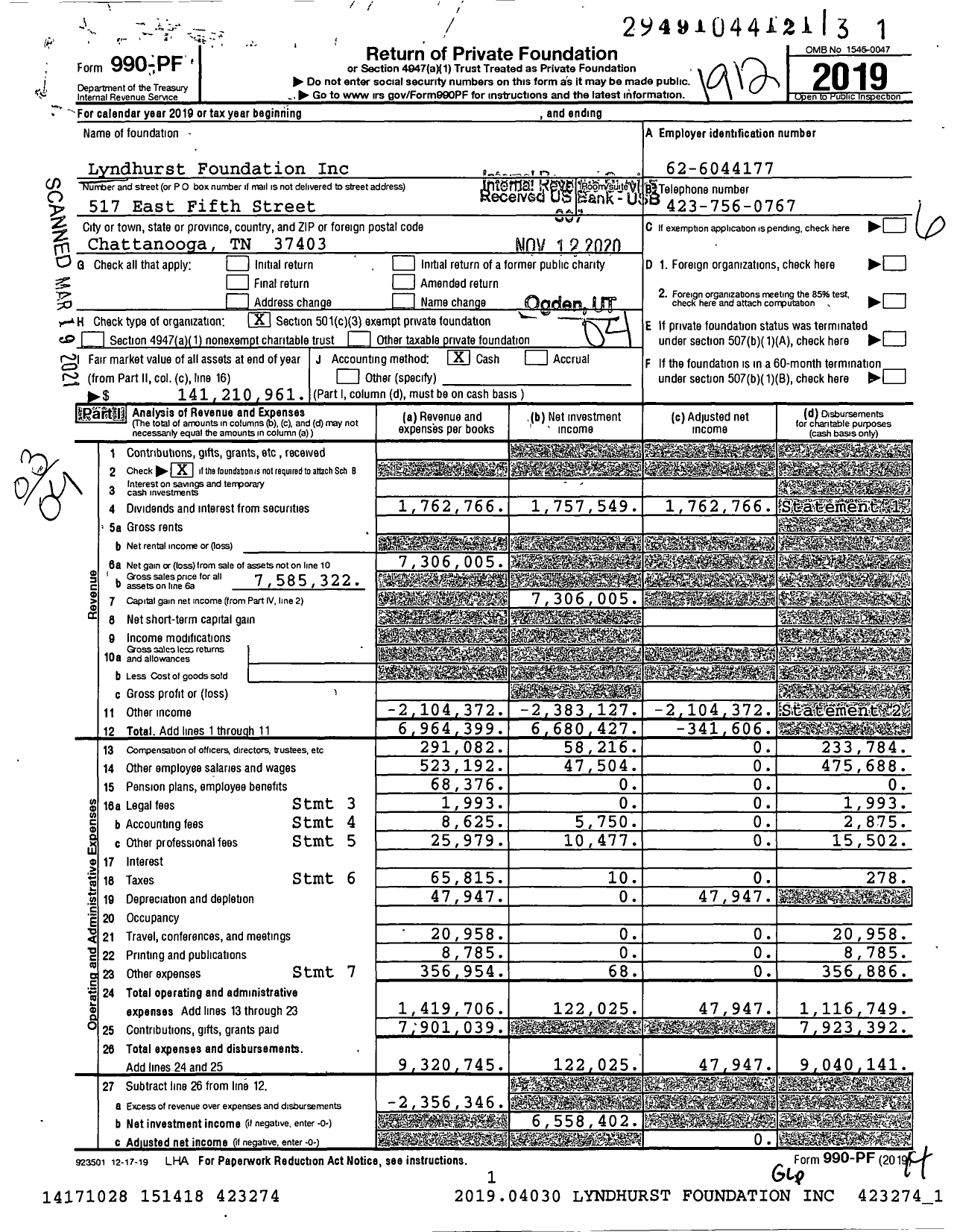 Image of first page of 2019 Form 990PF for Lyndhurst Foundation