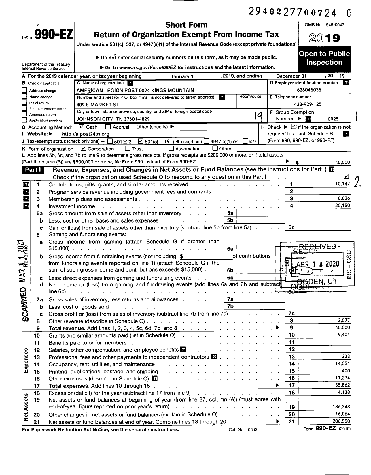 Image of first page of 2019 Form 990EO for American Legion - 0024 Kings Mountain