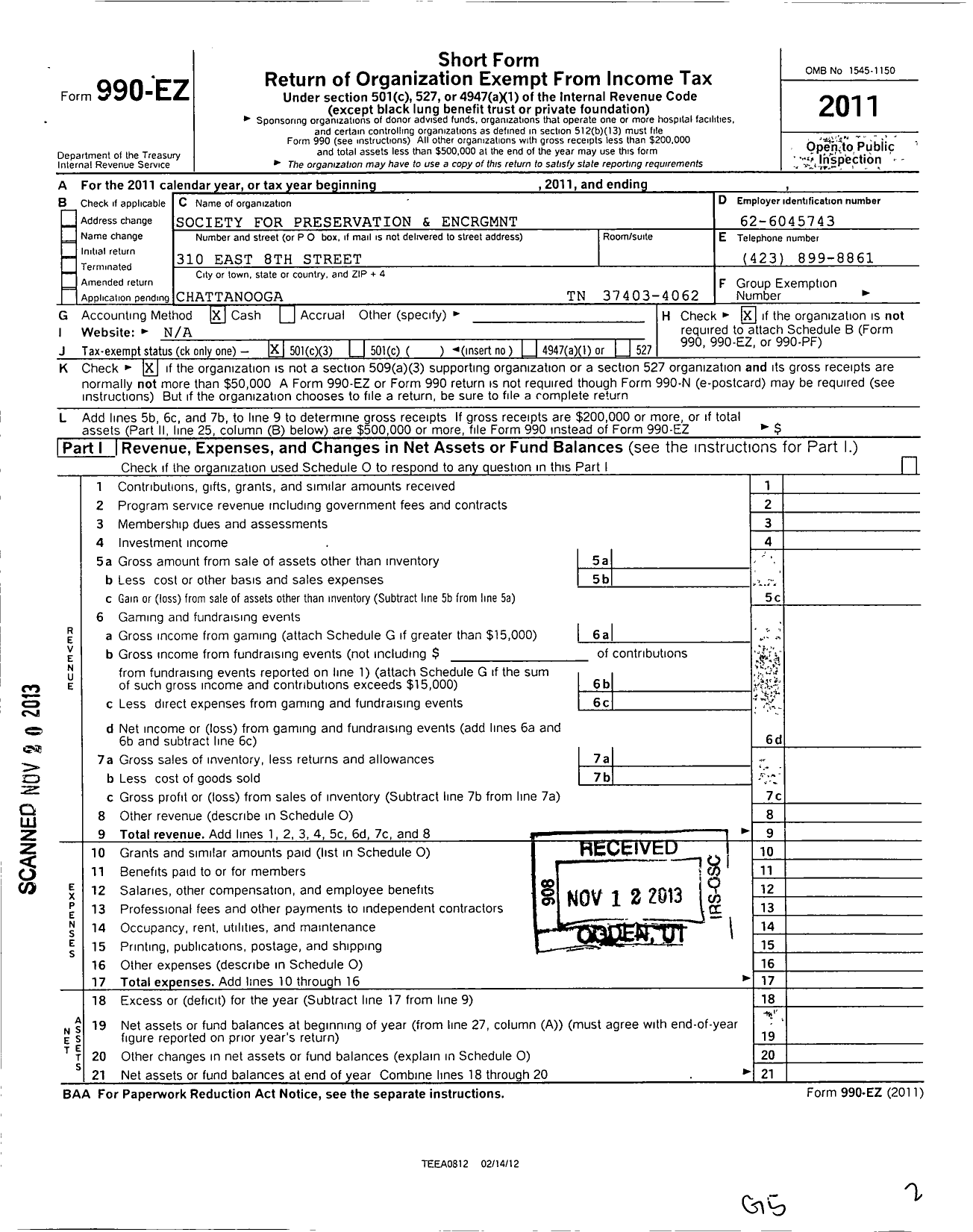 Image of first page of 2011 Form 990EZ for Barbershop Harmony Society - B066 Chattanooga