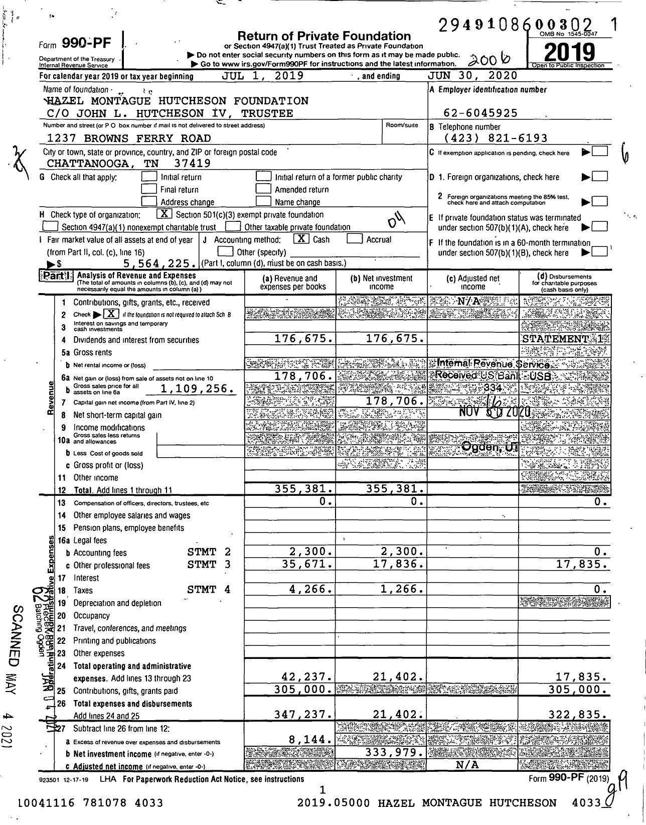 Image of first page of 2019 Form 990PF for Hazel Montague Hutcheson Foundation