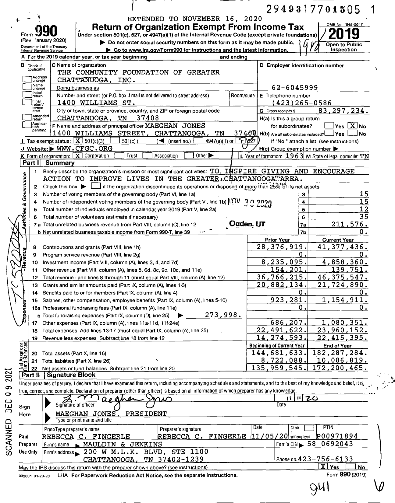 Image of first page of 2019 Form 990 for Community Foundation of Greater Chattanooga (CFGC)