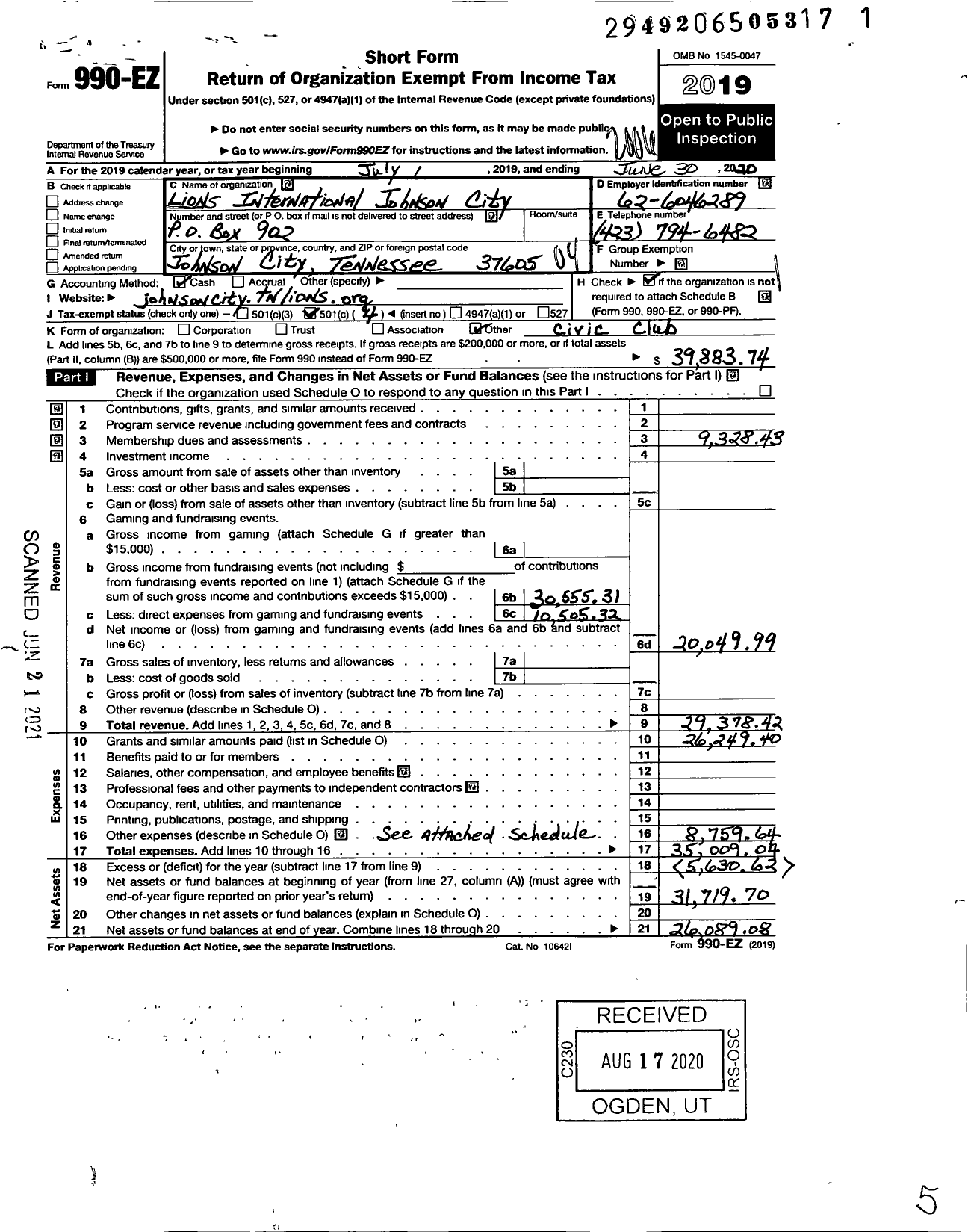 Image of first page of 2019 Form 990EO for Lions Clubs - 5093