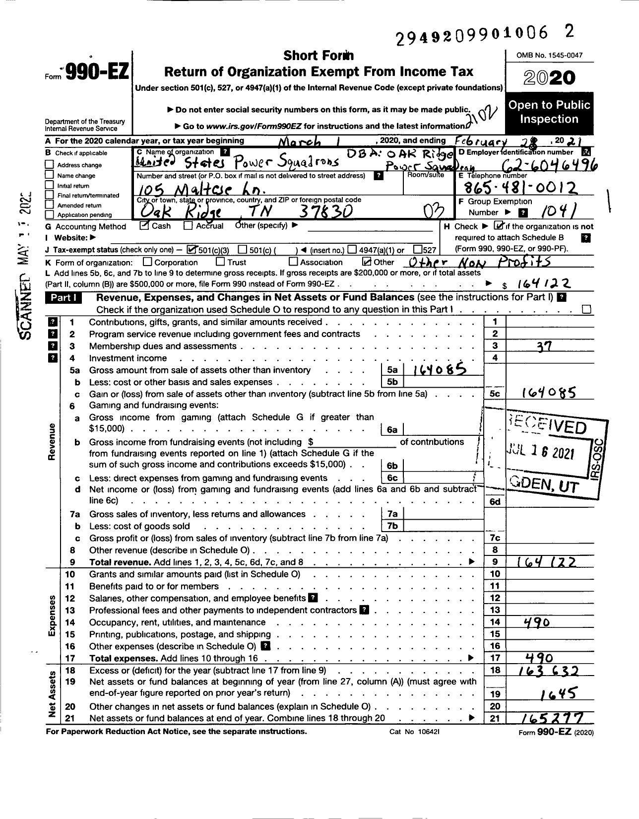 Image of first page of 2020 Form 990EZ for United States Power Squadrons - 17 Oak Ridge Power Squadrons