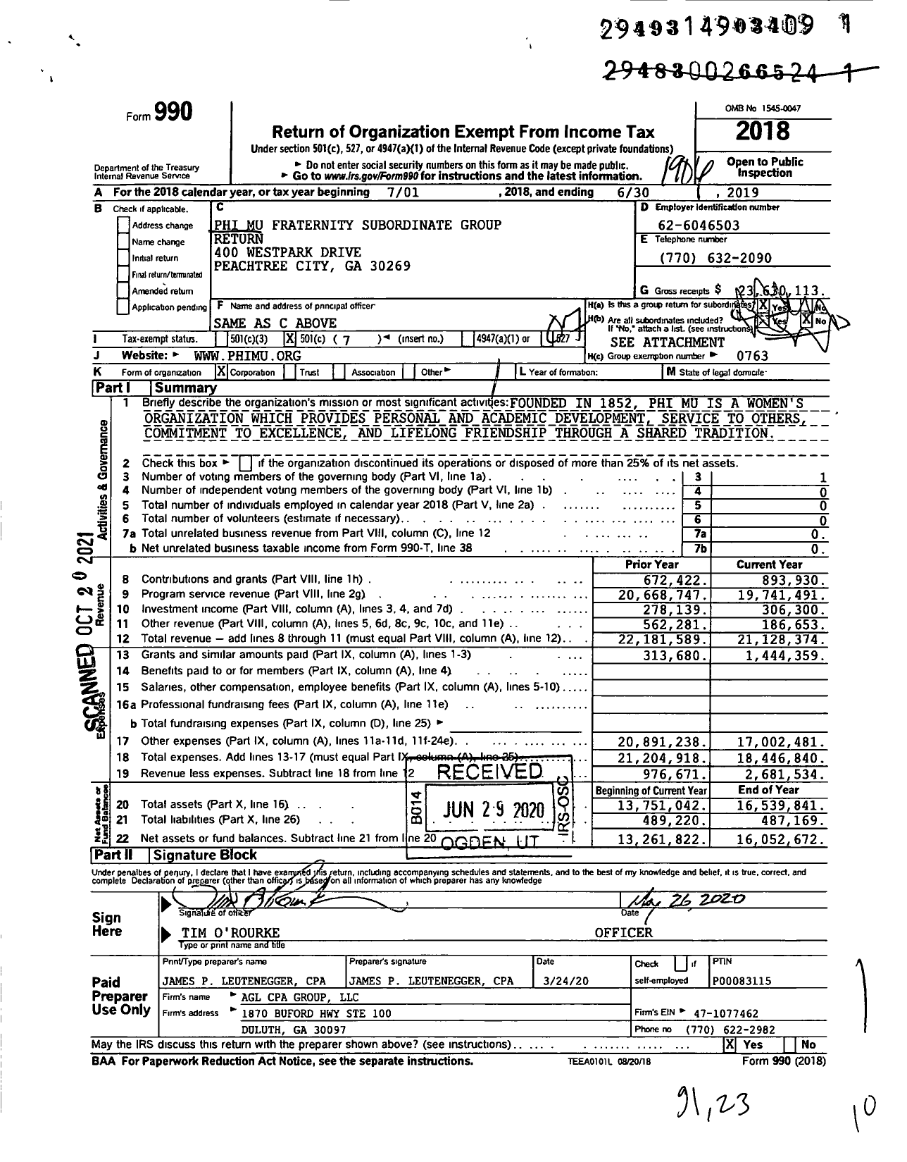 Image of first page of 2018 Form 990O for Phi Mu Fraternity Subordinate Group Return