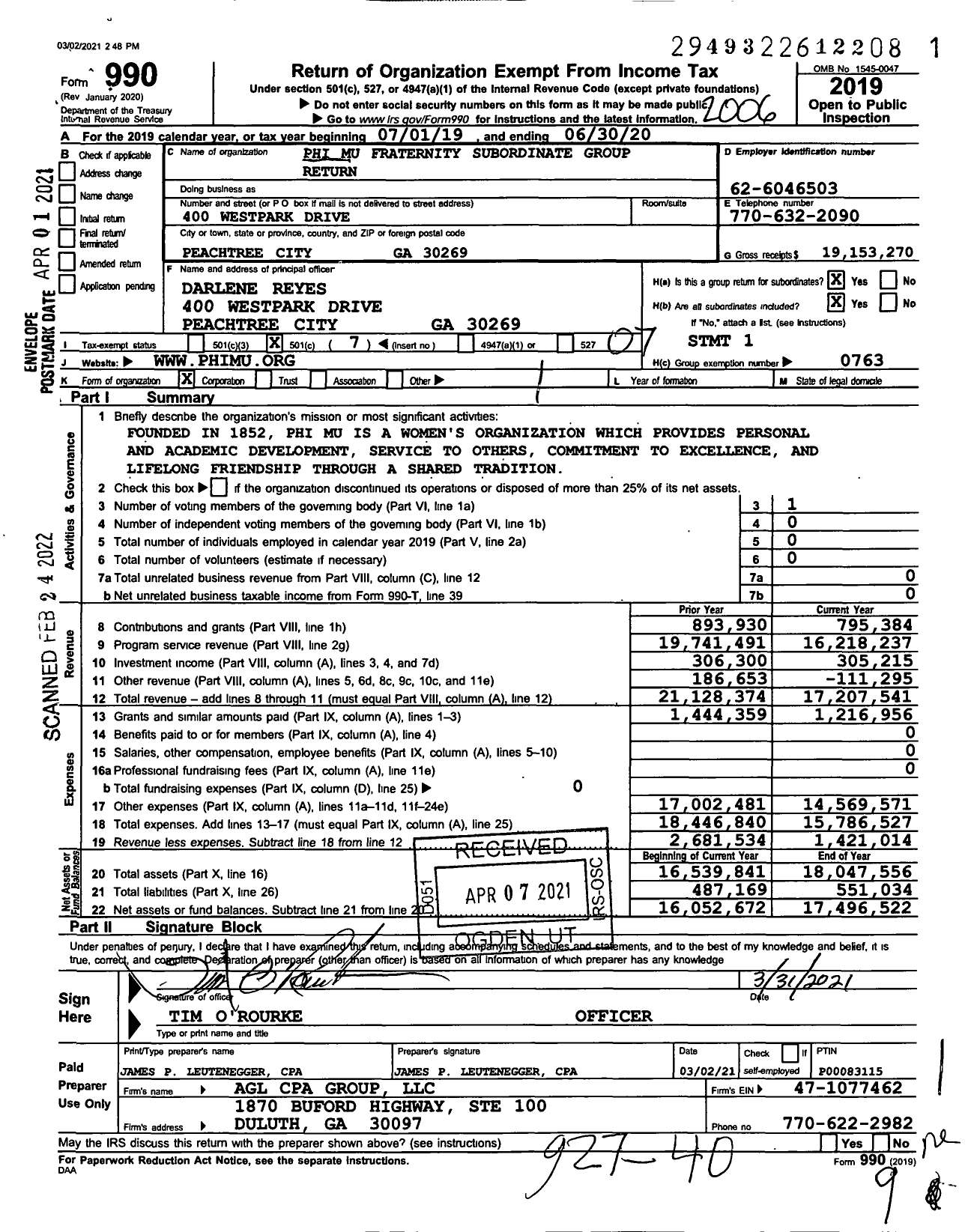 Image of first page of 2019 Form 990O for Phi Mu Fraternity Subordinate Group Return