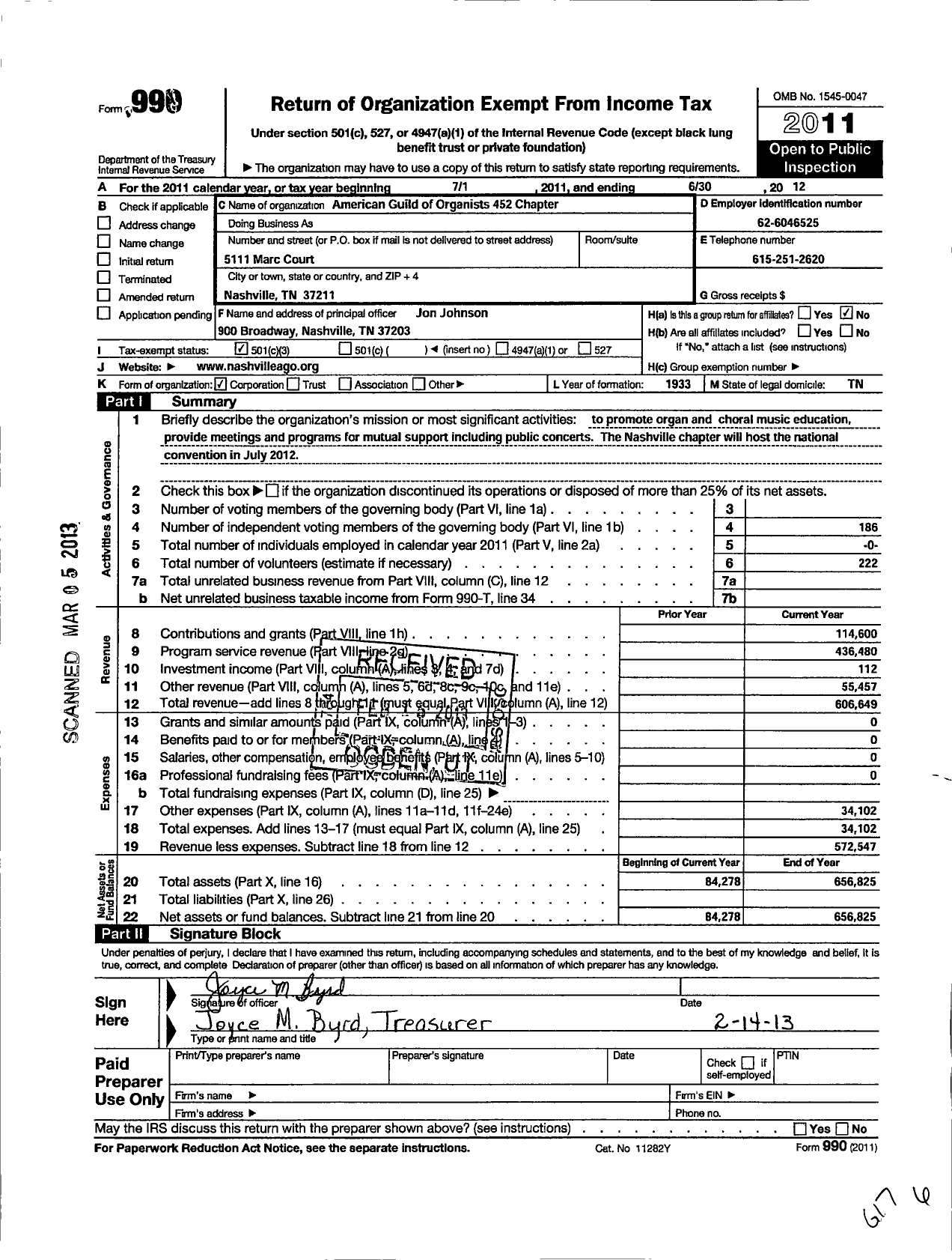 Image of first page of 2011 Form 990 for American Guild of Organists - 452 Nashville Chapter