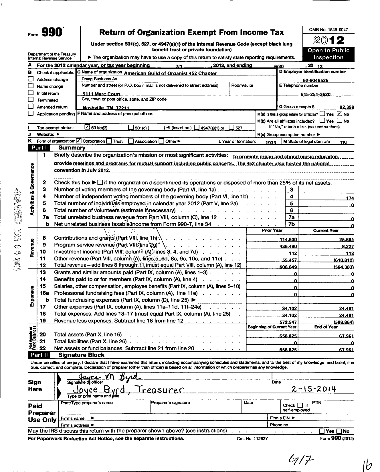 Image of first page of 2012 Form 990 for American Guild of Organists - 452 Nashville Chapter