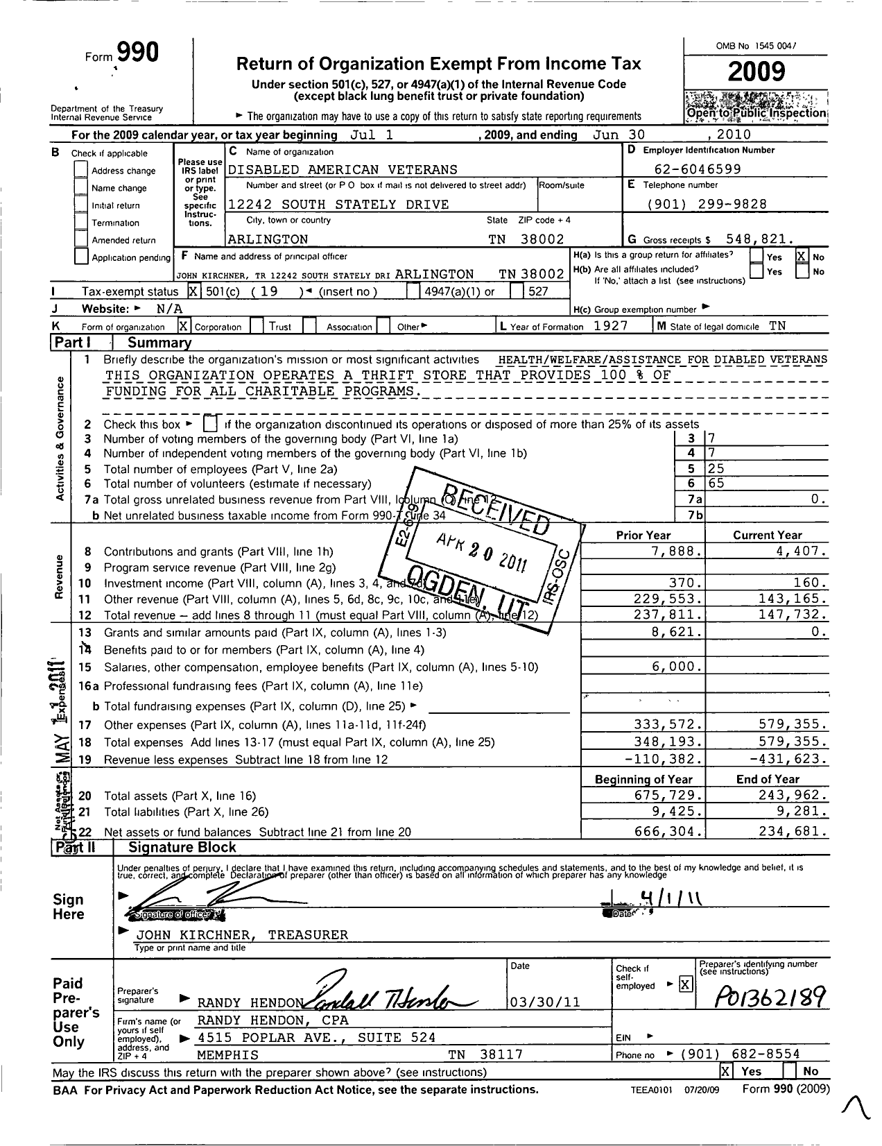 Image of first page of 2009 Form 990O for Disabled American Veterans - 70 Shelby County