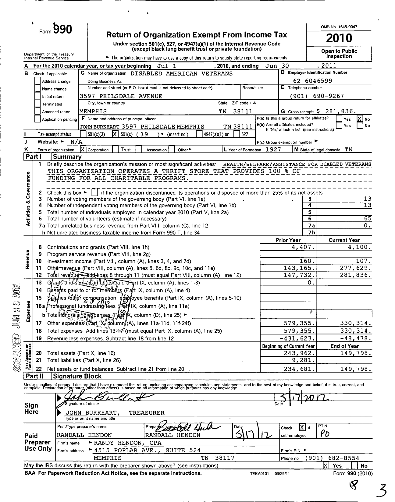Image of first page of 2010 Form 990O for Disabled American Veterans - 70 Shelby County