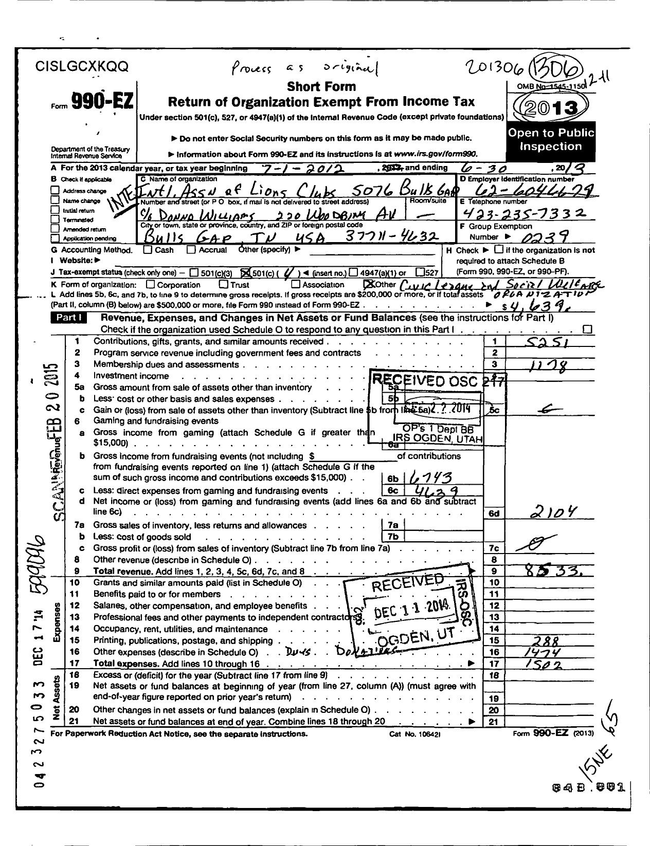 Image of first page of 2012 Form 990EO for Lions Clubs - 5076 Bulls Gap