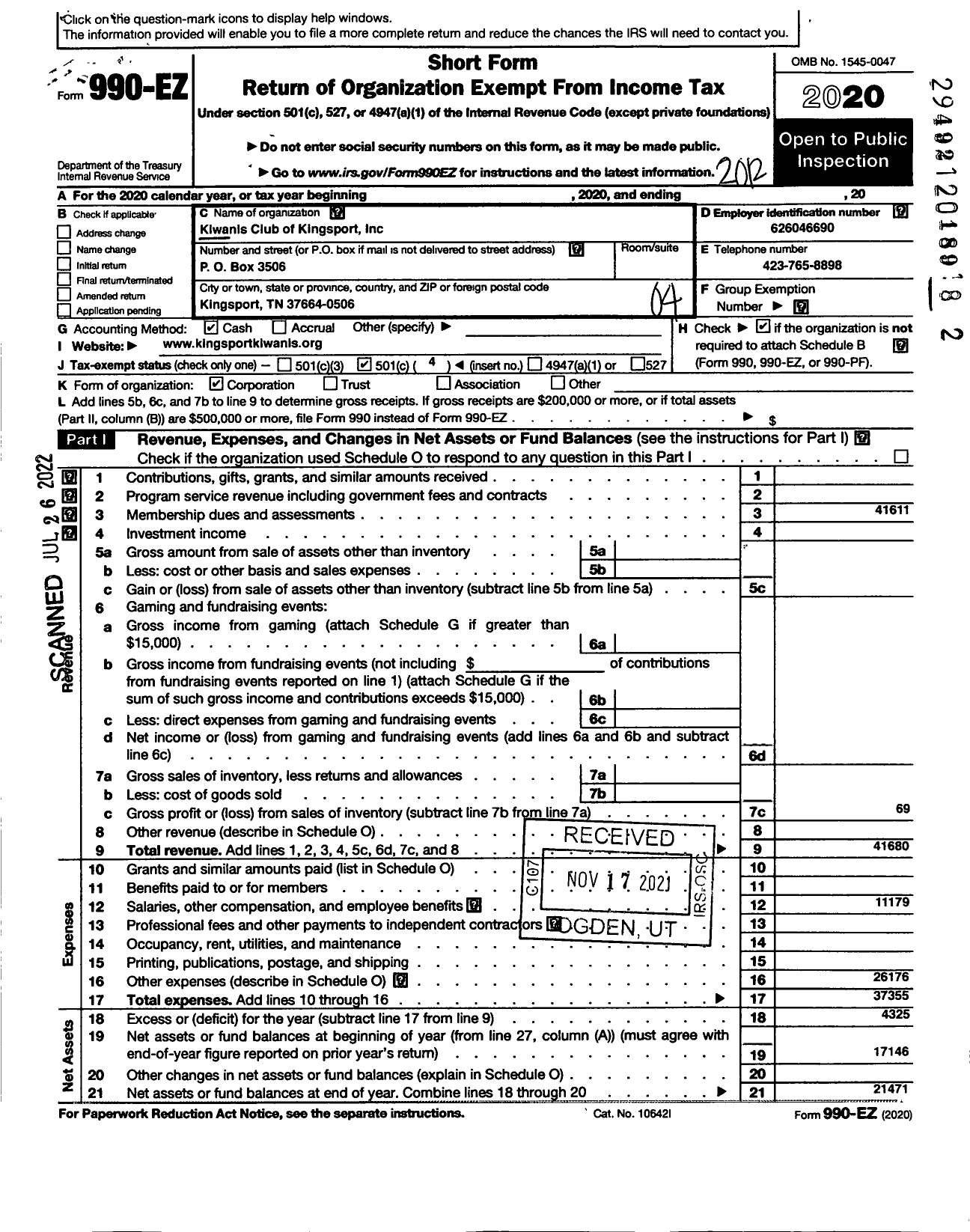 Image of first page of 2020 Form 990EO for Kiwanis International - K01159 Kingsport