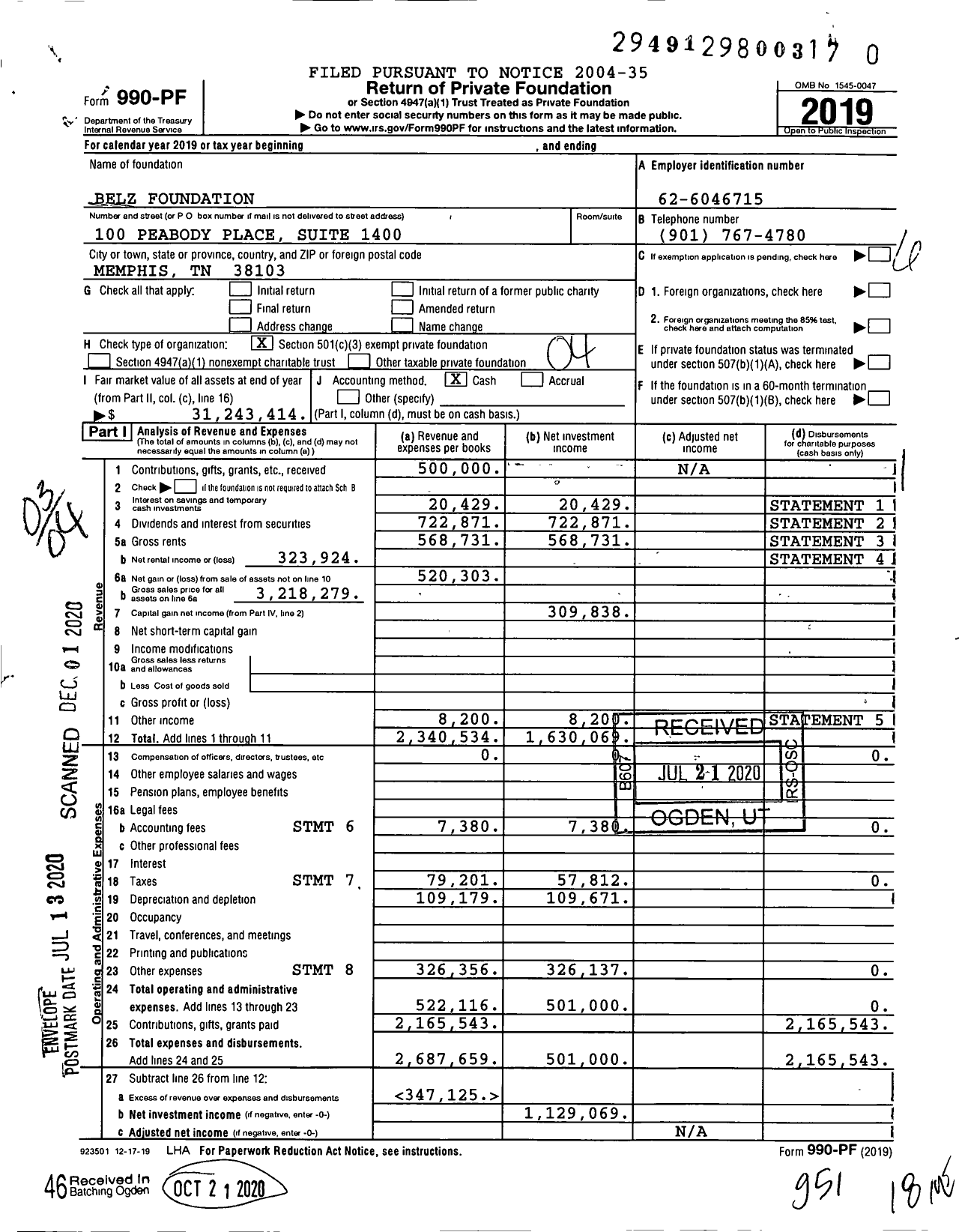 Image of first page of 2019 Form 990PF for Belz Foundation