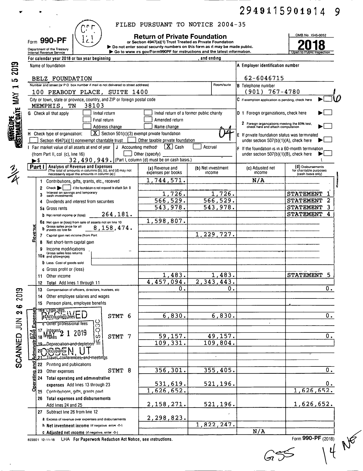 Image of first page of 2018 Form 990PF for Belz Foundation