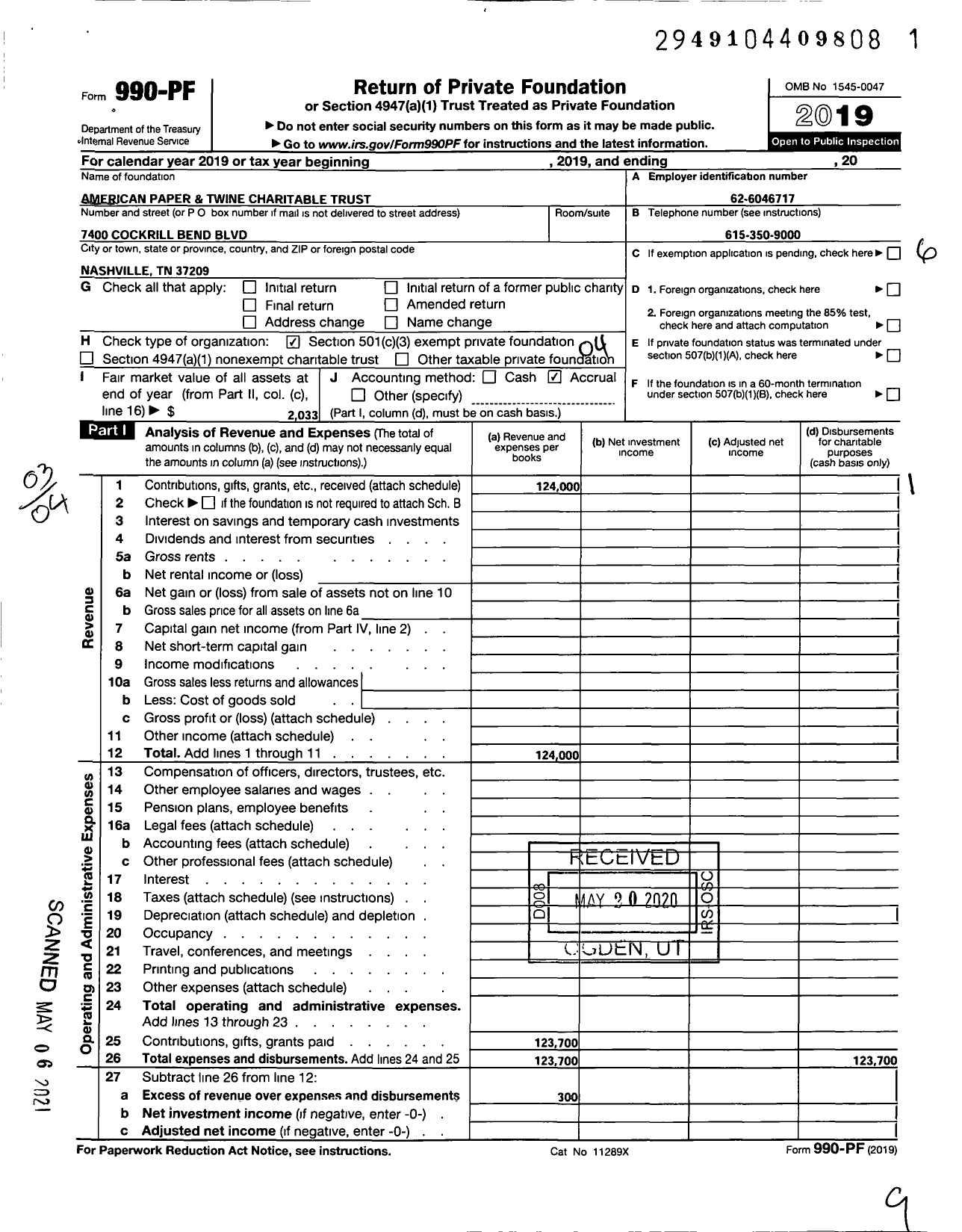 Image of first page of 2019 Form 990PF for American Paper and Twine Charitable Trust