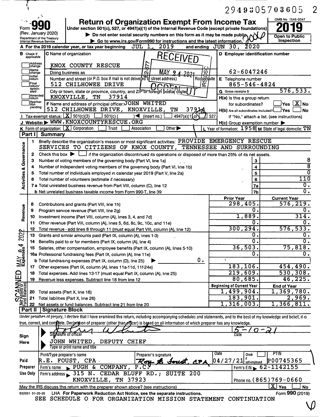 Image of first page of 2019 Form 990 for Knoxville County Rescue