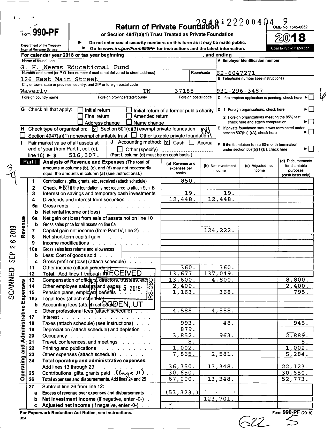 Image of first page of 2018 Form 990PF for GH Weems Educational Foundation