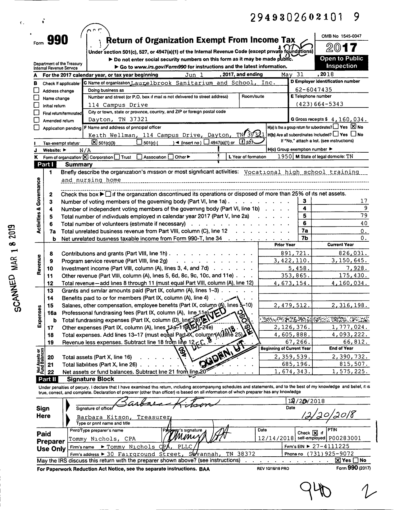 Image of first page of 2017 Form 990 for Laurelbrook Sanitarium and School Incorporated