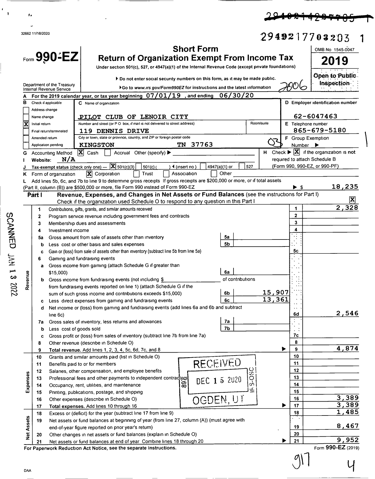 Image of first page of 2019 Form 990EZ for The Pilot Club of Lenoir City