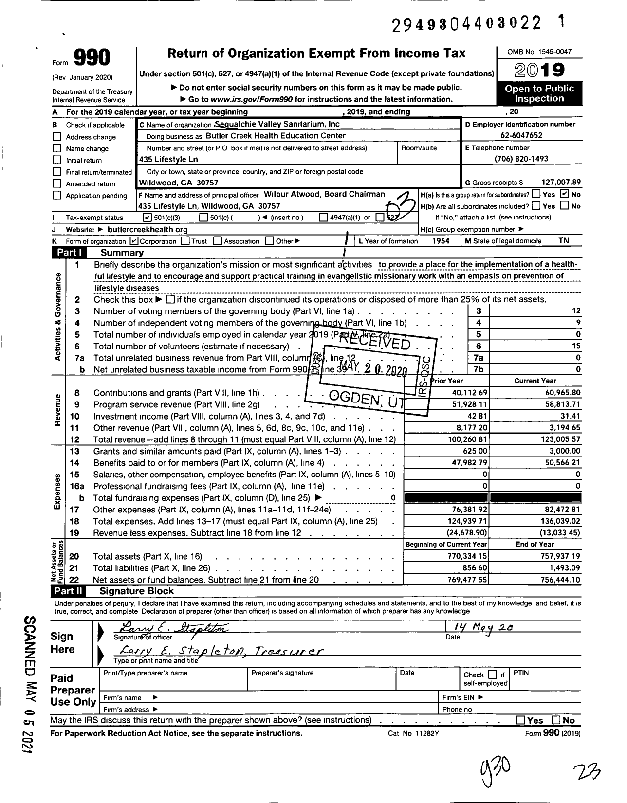 Image of first page of 2019 Form 990 for Butler Creek Health Education Center