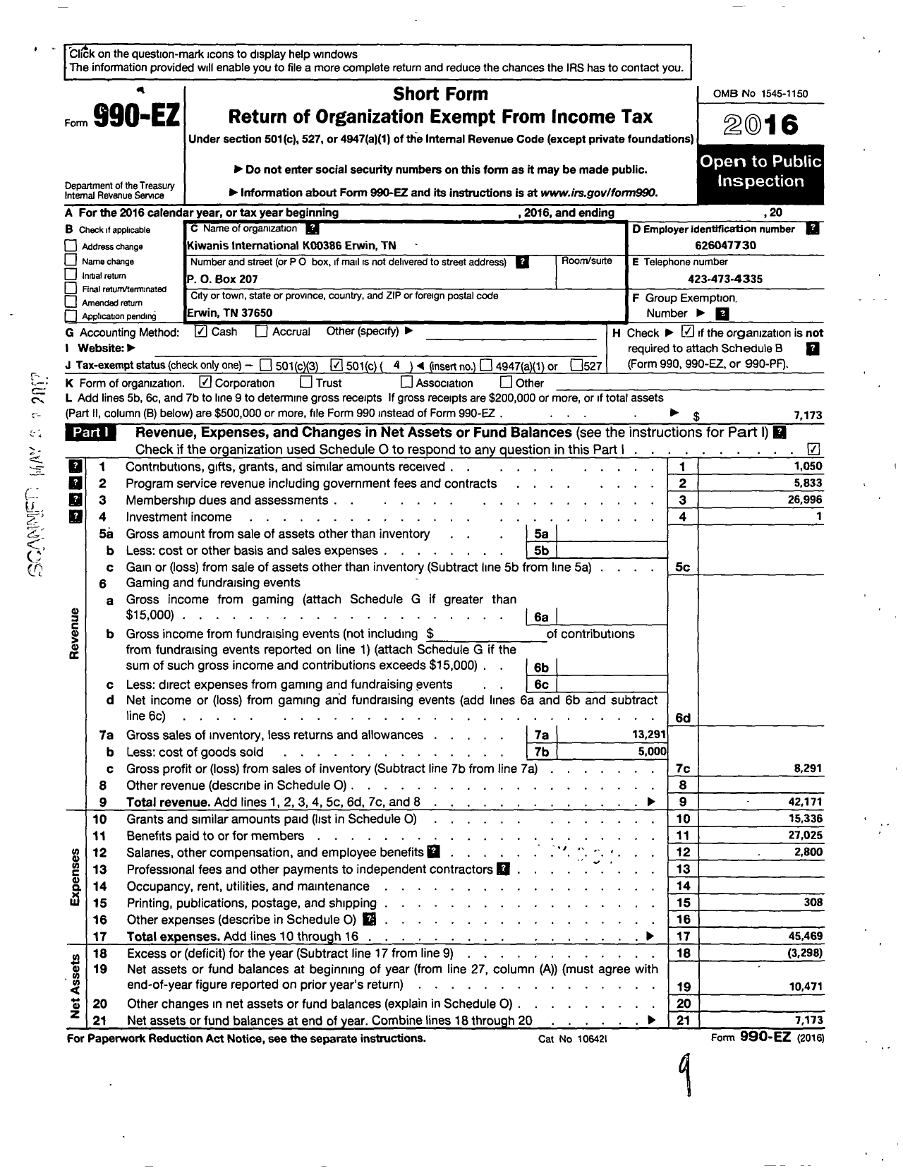 Image of first page of 2016 Form 990EO for Kiwanis International - K00386 Erwin