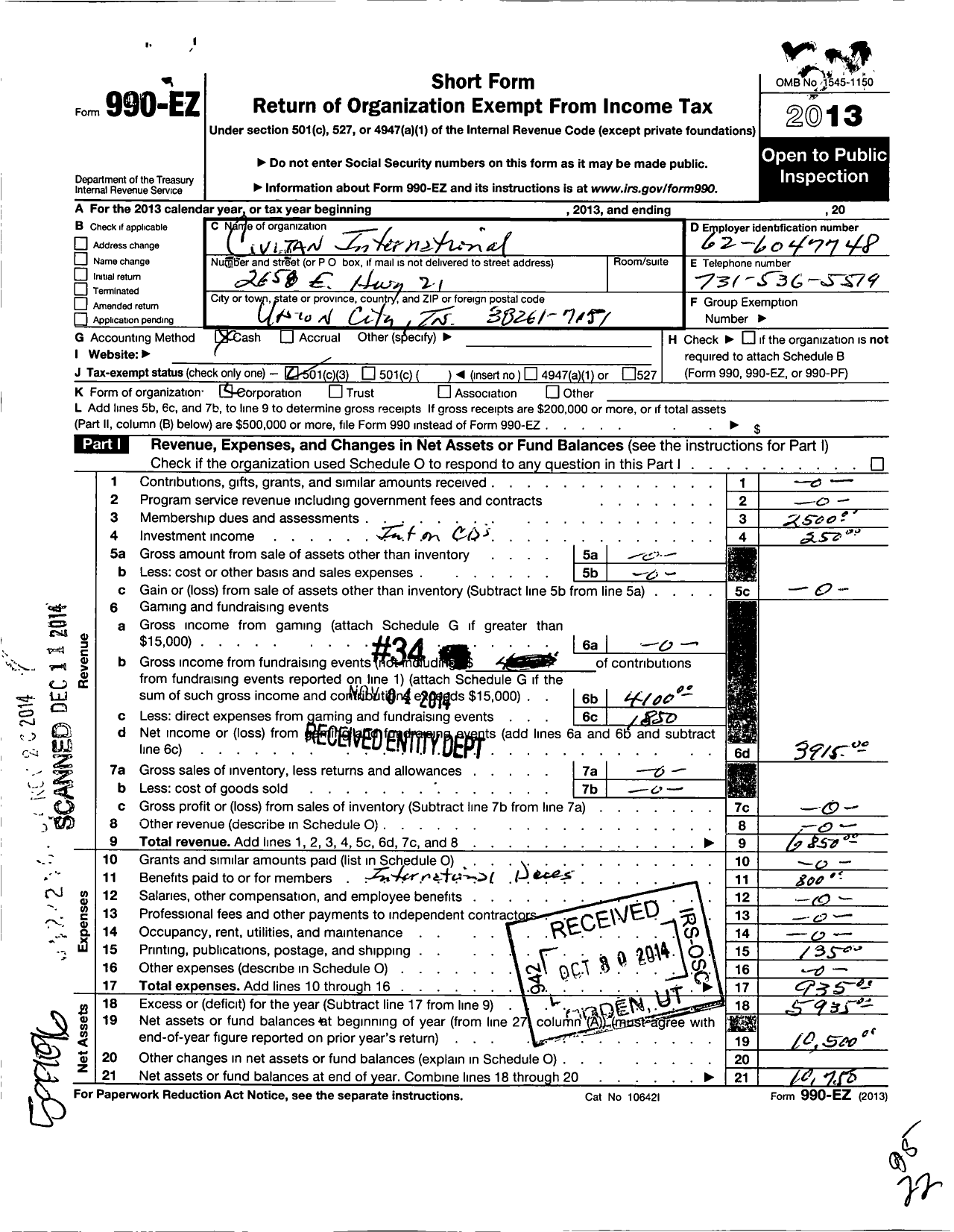 Image of first page of 2013 Form 990EZ for Civitan International / Union City Inc TN