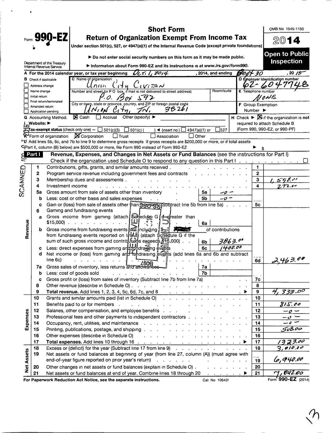 Image of first page of 2014 Form 990EO for Civitan International / Union City Inc TN