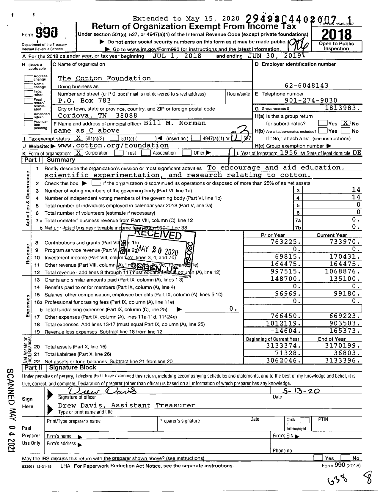 Image of first page of 2018 Form 990 for The Cotton Foundation