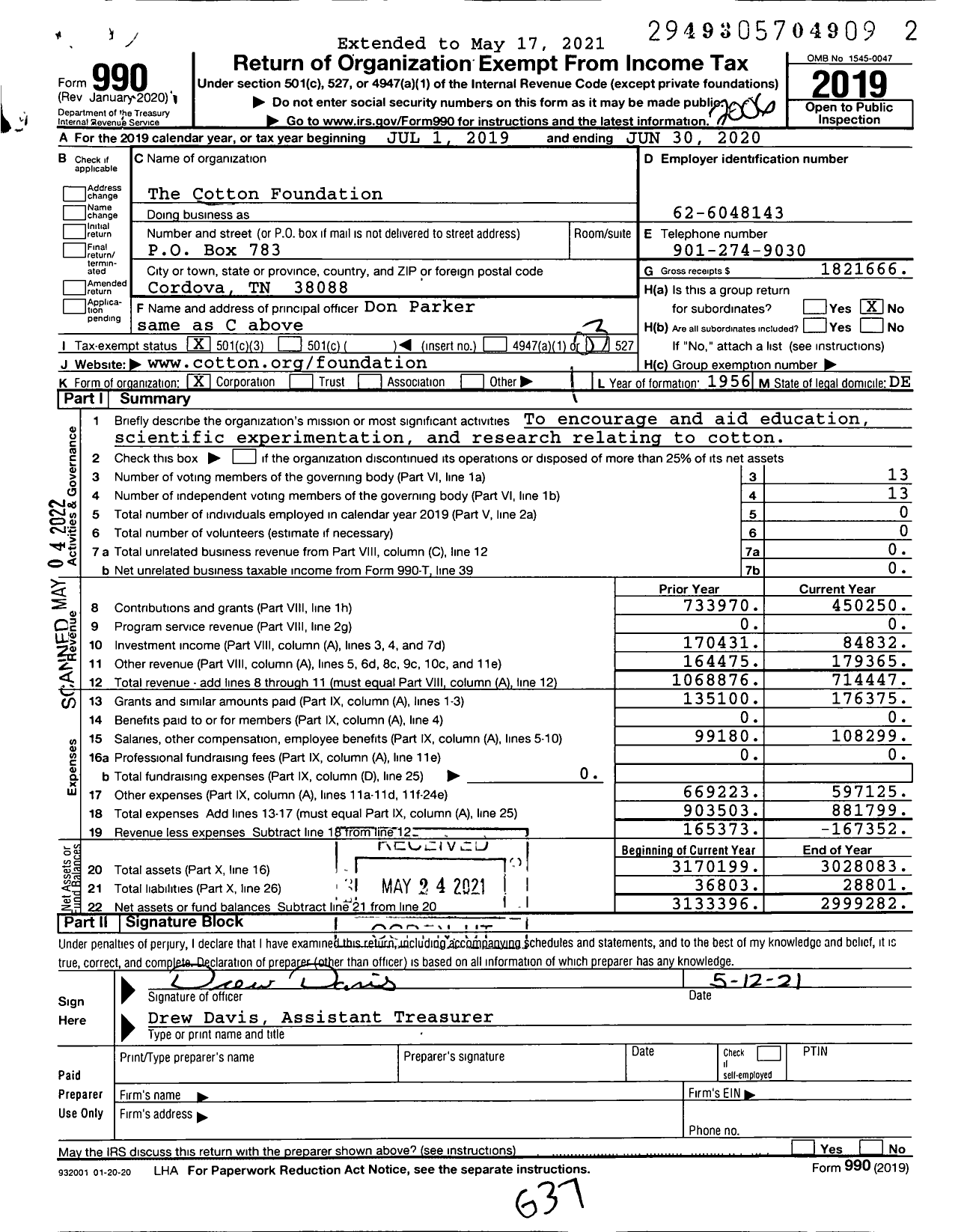 Image of first page of 2019 Form 990 for The Cotton Foundation