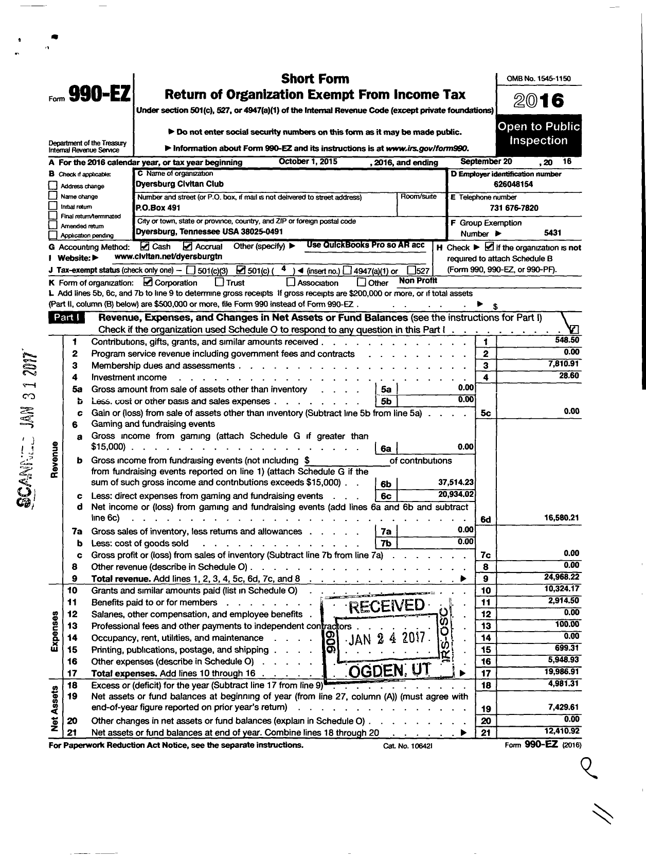 Image of first page of 2015 Form 990EO for Civitan International / Dyersburg TN