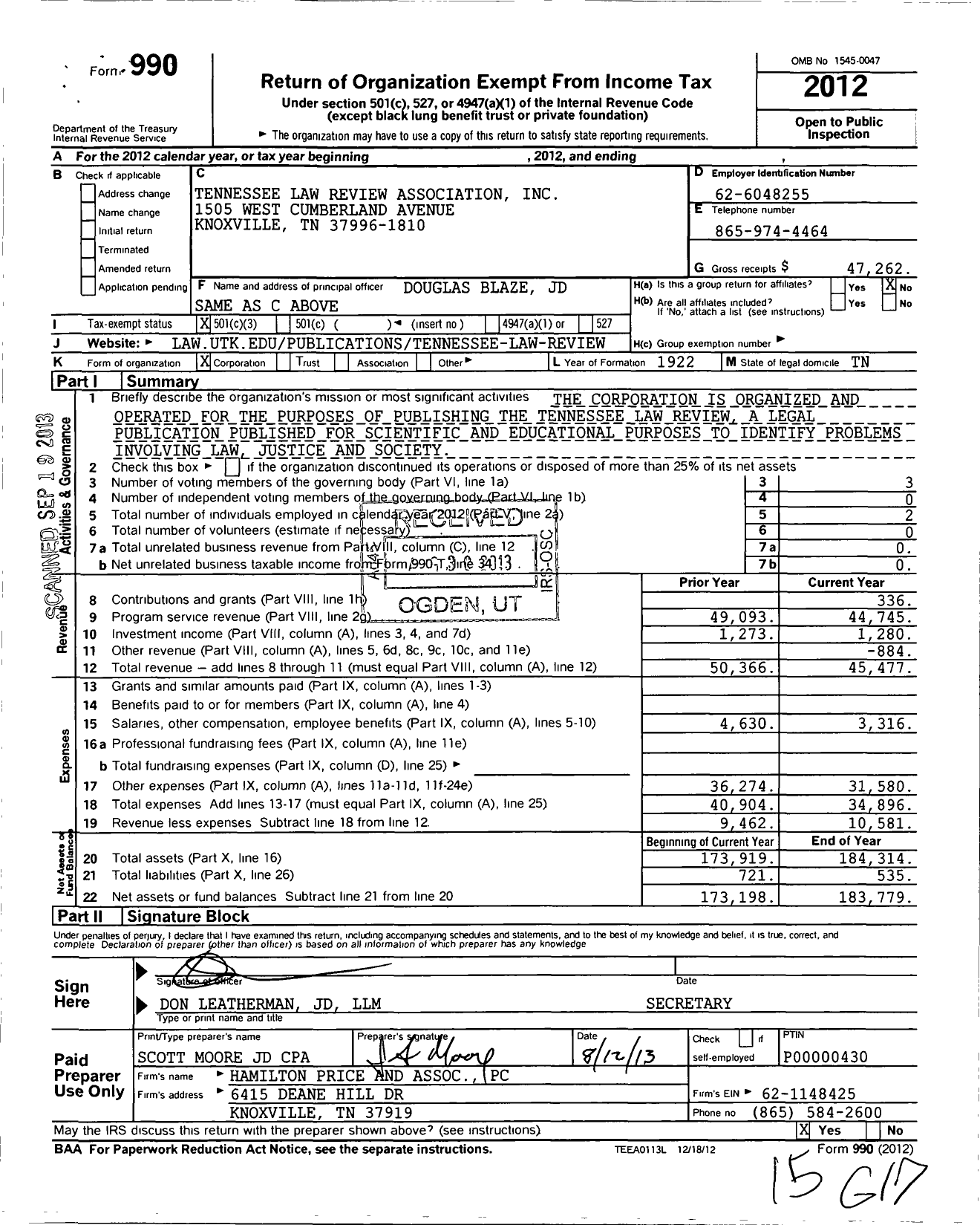 Image of first page of 2012 Form 990 for Tennessee Law Review Association