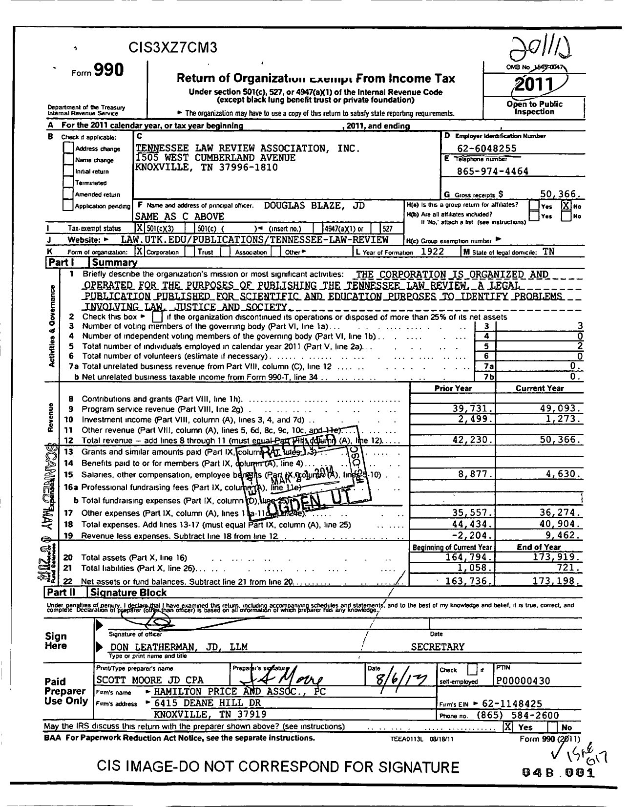 Image of first page of 2011 Form 990 for Tennessee Law Review Association