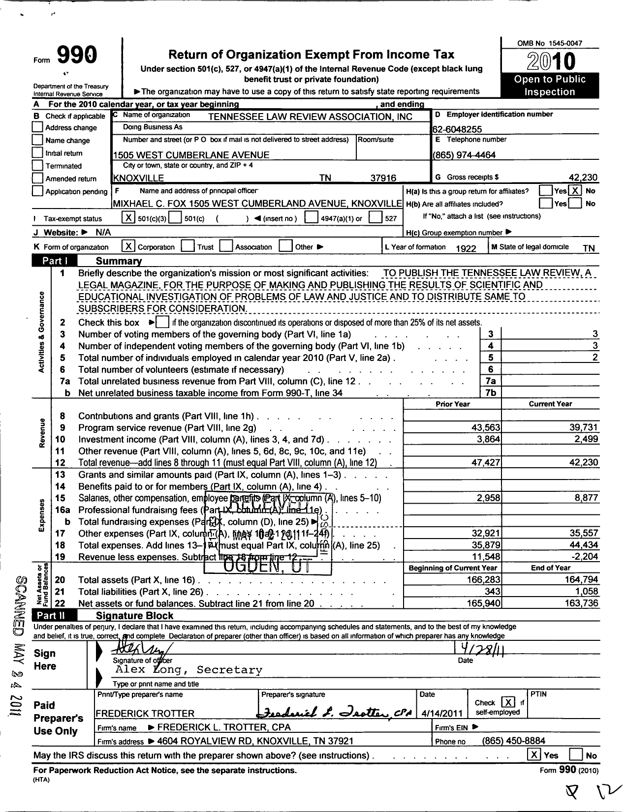 Image of first page of 2010 Form 990 for Tennessee Law Review Association