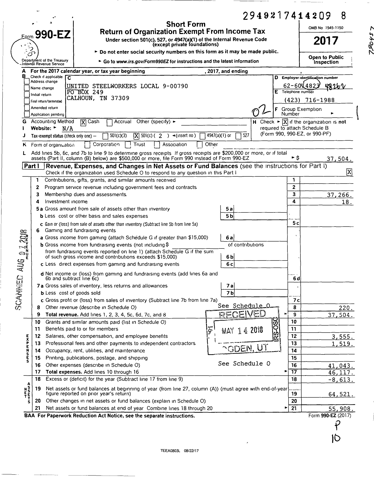 Image of first page of 2017 Form 990EO for United Steelworkers - 9-00790 Local