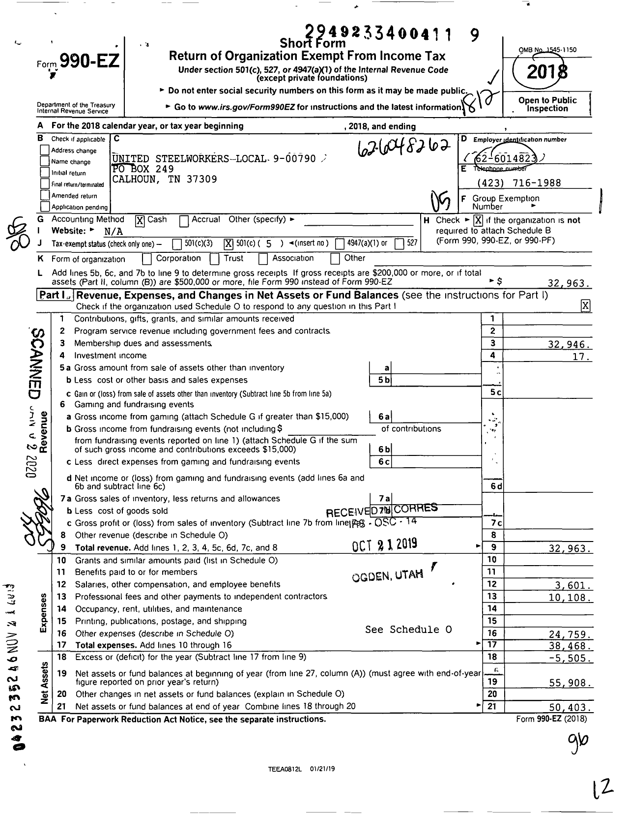 Image of first page of 2018 Form 990EO for United Steelworkers - 9-00790 Local