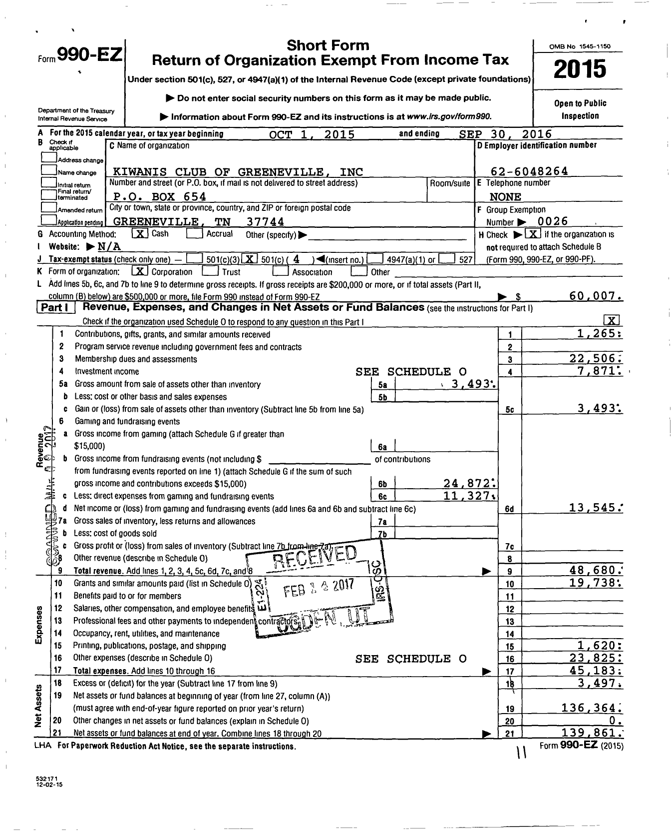 Image of first page of 2015 Form 990EO for Kiwanis International - K04916 Greeneville