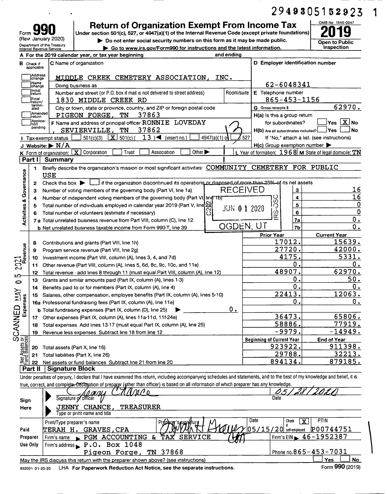 Image of first page of 2019 Form 990O for Middle Creek Cemetery Association
