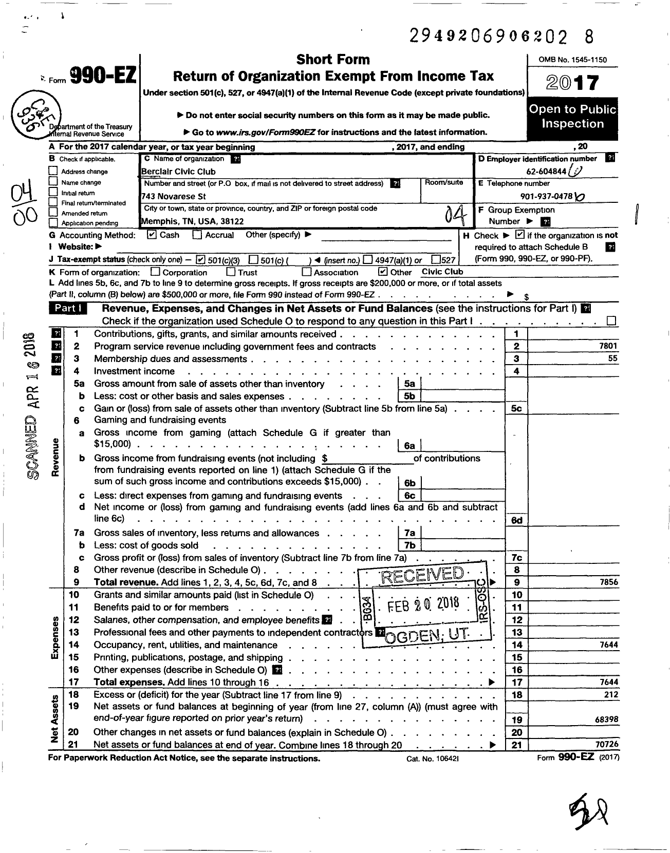 Image of first page of 2017 Form 990EO for Berclair Civic Club